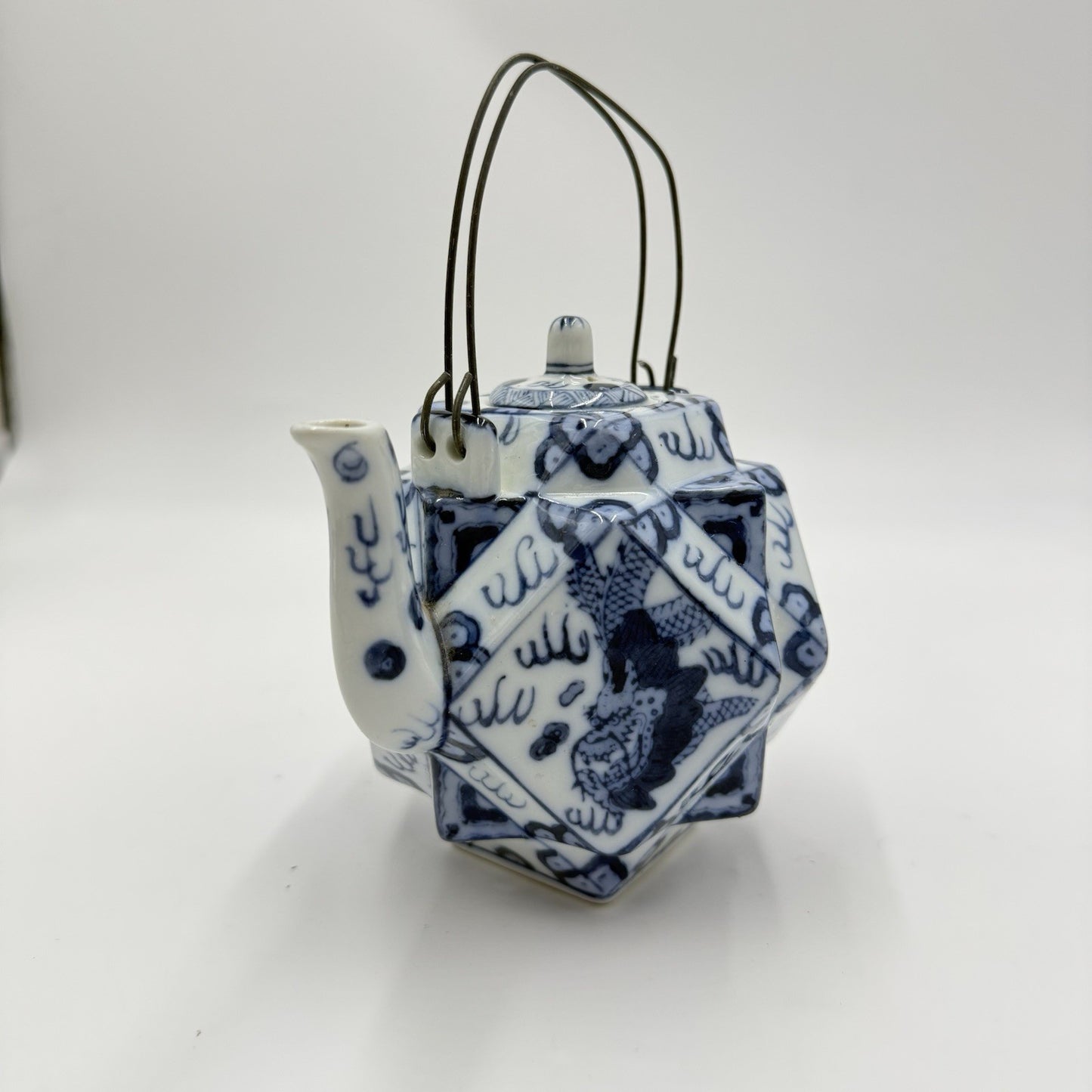 Chinese Glazed Blue And White Porcelain Teapot Painted Dragons Kangxi Mark Small