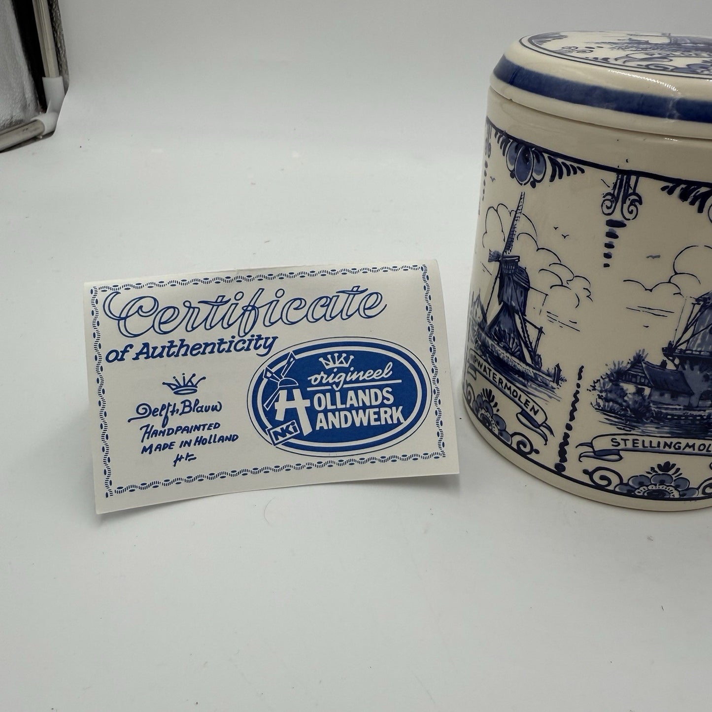Vintage Delft Blue Windmill Storage Canister Hand Painted Dutch COA Paperwork