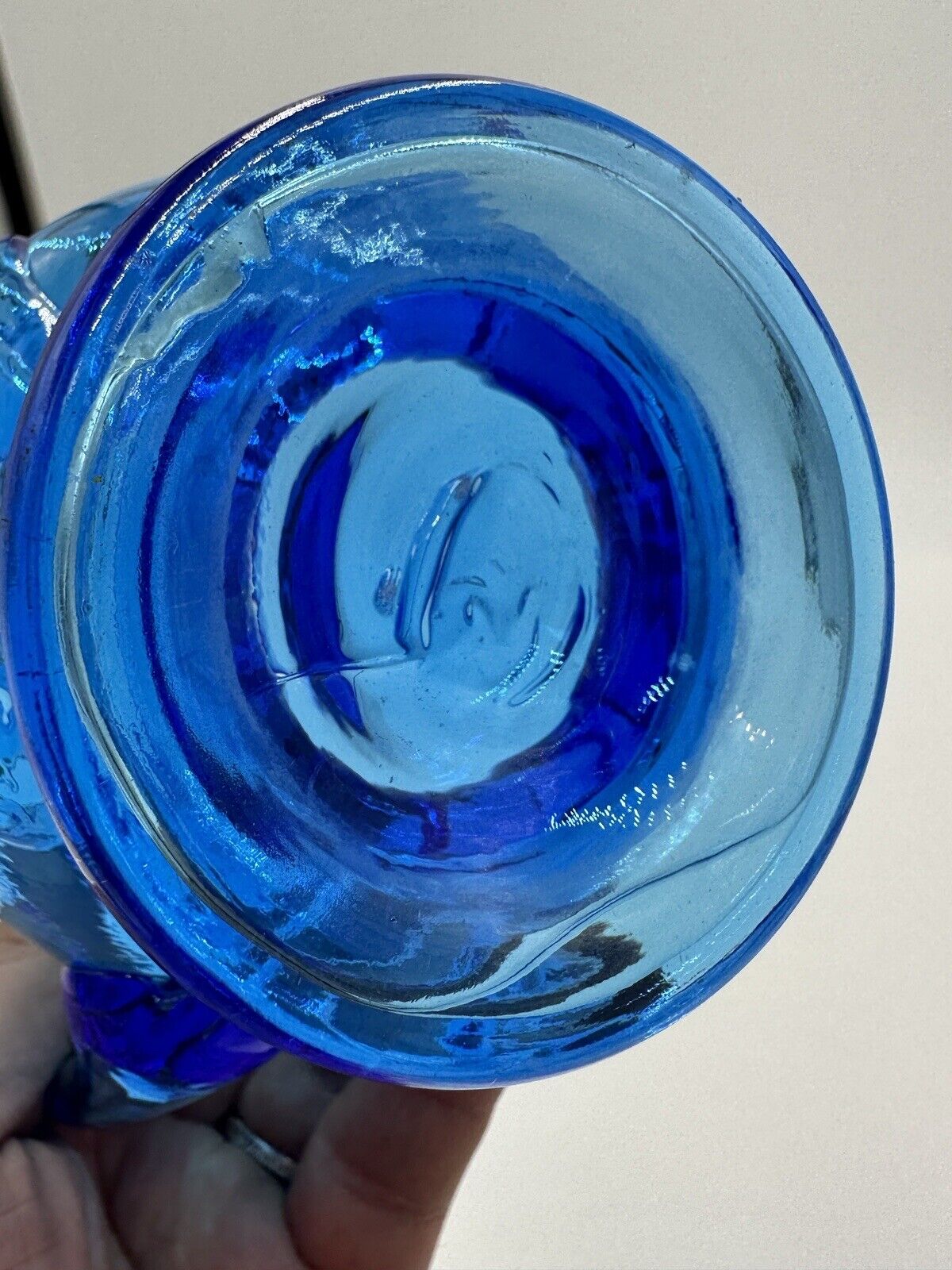 Electric Blue Pitcher Art Glass Hand Blown Floral Pressed Handled Decor Vintage
