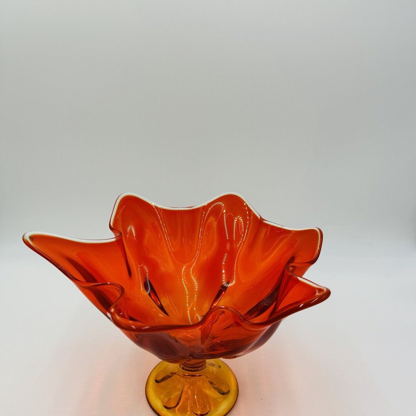 Viking Art Glass MCM Footed Amberina Orange Compote Epic 6 Petals Bowl 7.5”x 11"