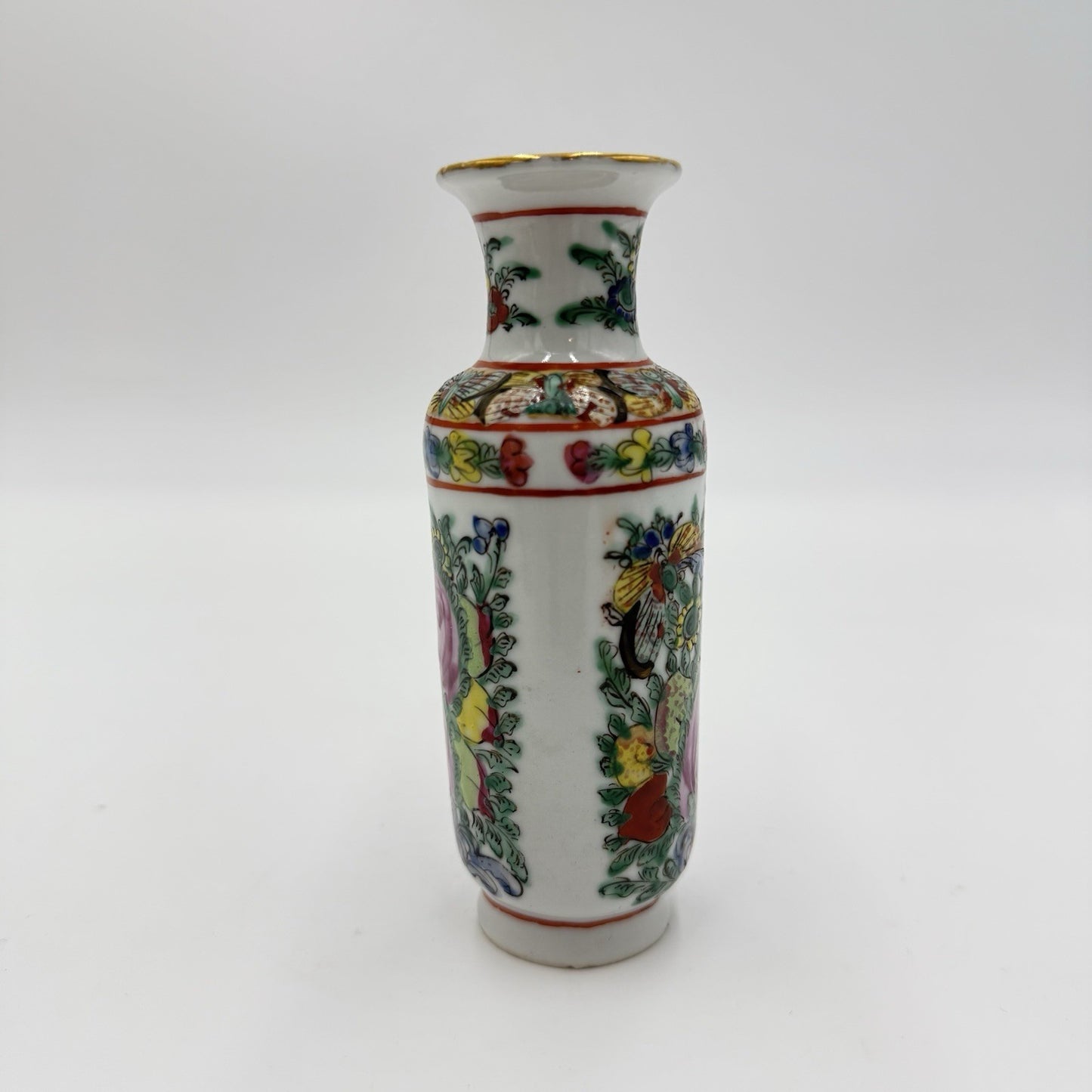 Vtg Chinese Famille Rose Canton 5” Vase Hand Painted Porcelain Made Hong Kong