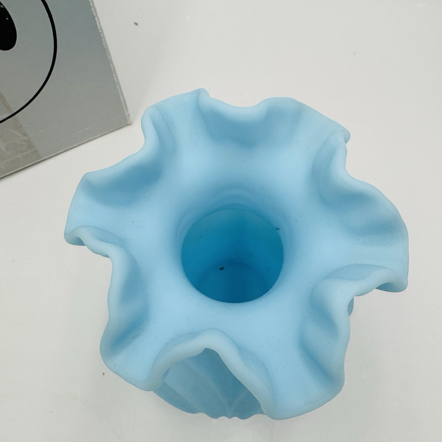 Fenton Draped Blue Satin Glass Vase Vintage Art Glass Ruffled Edge Drapery 8in