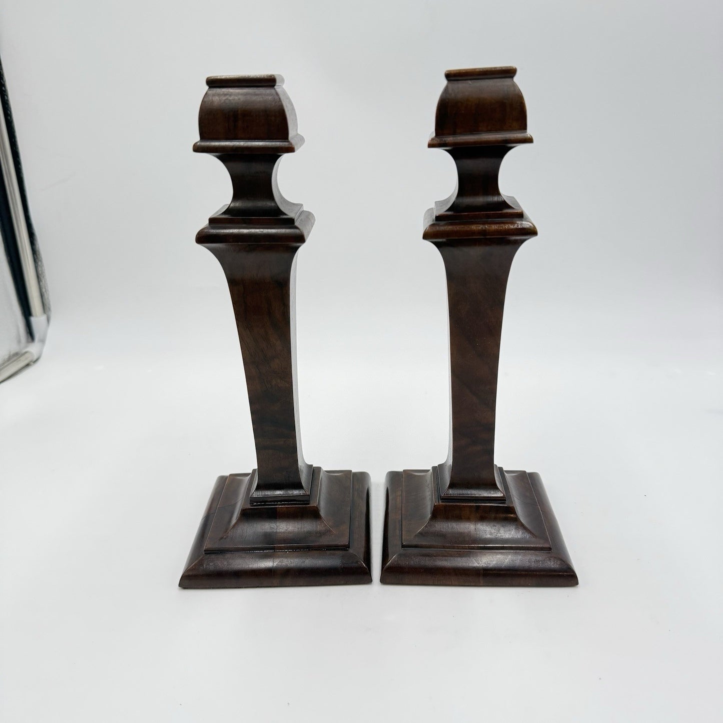 Early 20th Century Walnut Veneer Wood Pedestal Candlesticks Pair Red Velvet 10in
