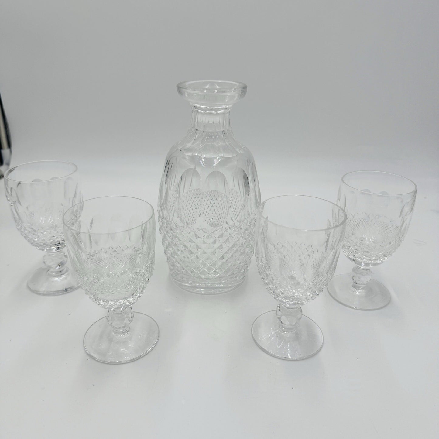 Waterford crystal colleen pattern decanter & 4 claret wine glasses Irish Clear