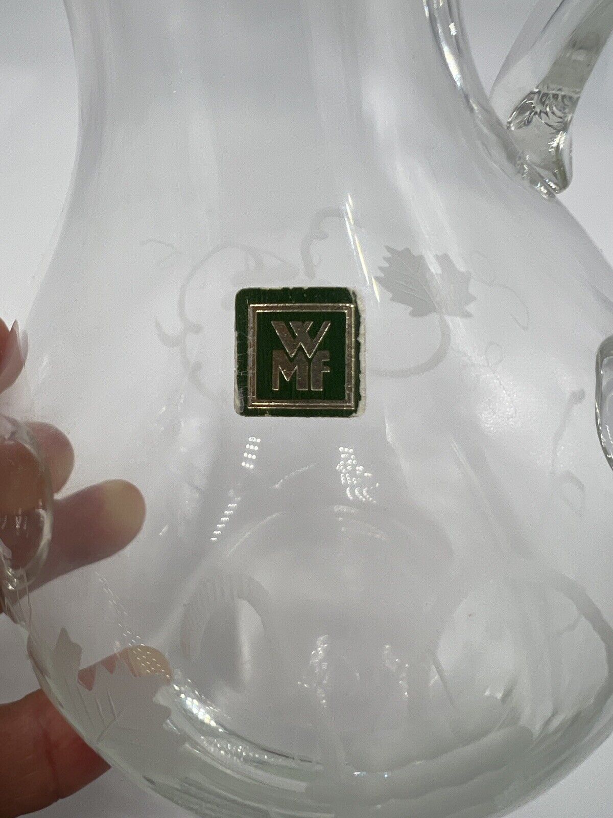 WMF Pitcher Glass Etched Grapes Jug Vintage Germany Home Decor Clear