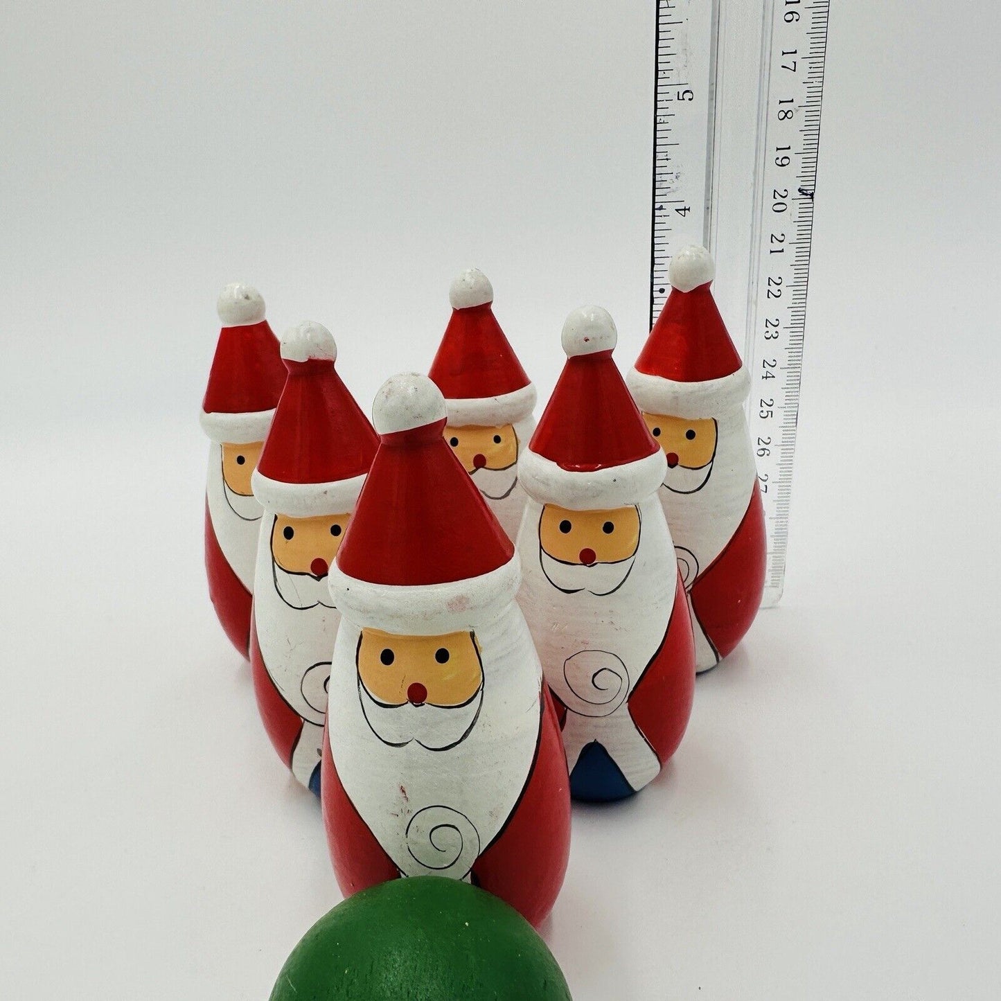 Bowling Pins Ball Santa Claus Wooden Christmas Decor Vintage Hand Painted Set