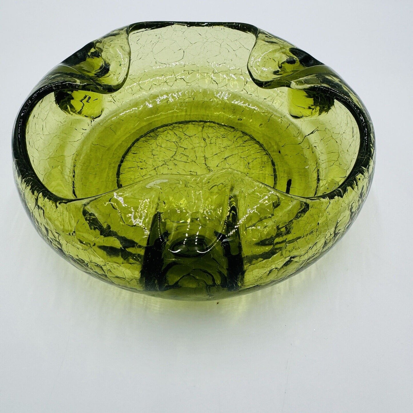 Viking Art Glass Cigar Ashtray Green Crackle MCM Vintage 7”