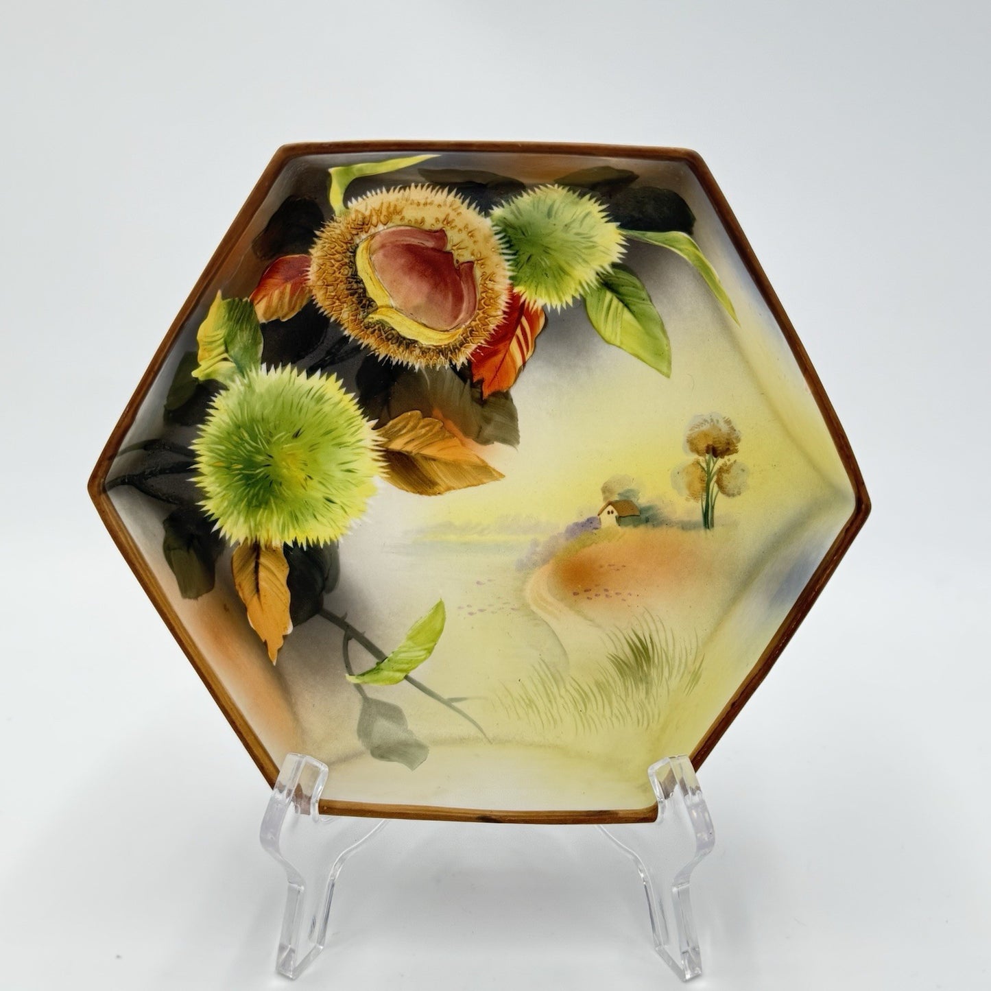 Antique Nippon Morimura Hand Painted Chestnuts Bowl Circa 1911-1922 Hexagonal