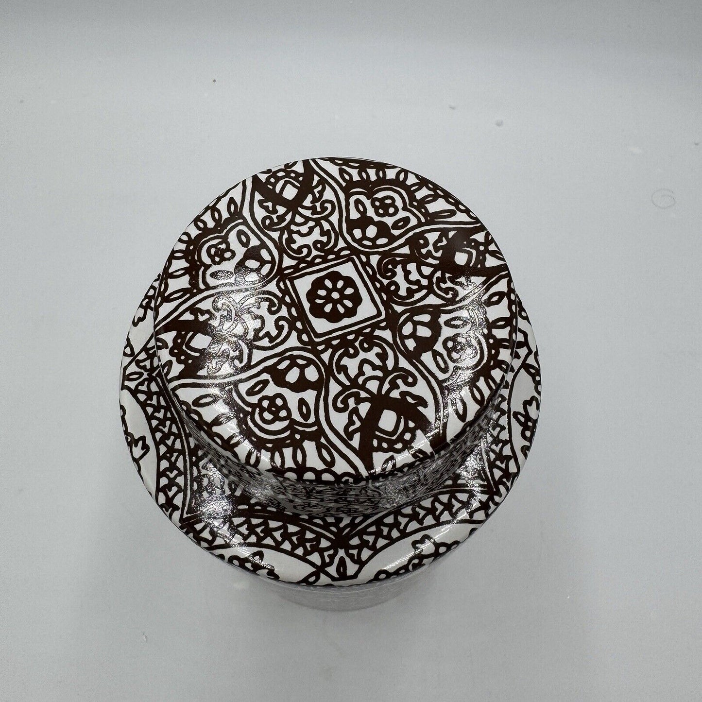 Pottery Barn Ceramic Brown/ White Floral Paisley Decor Canister Ginger Jar 9”