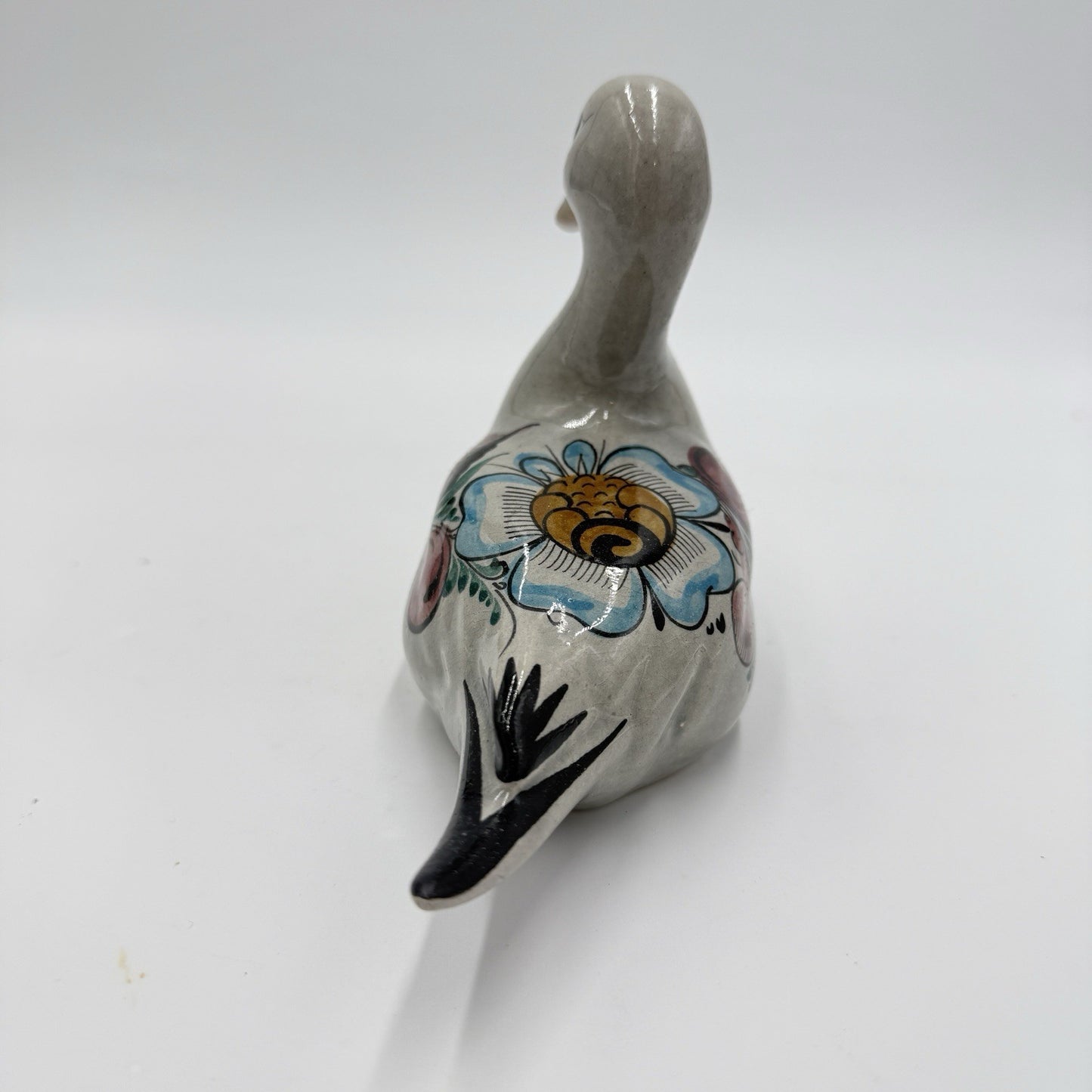 Noe Suro Mexican Folk Art Pottery Clay Floral Painted Duck Vintage Figurine