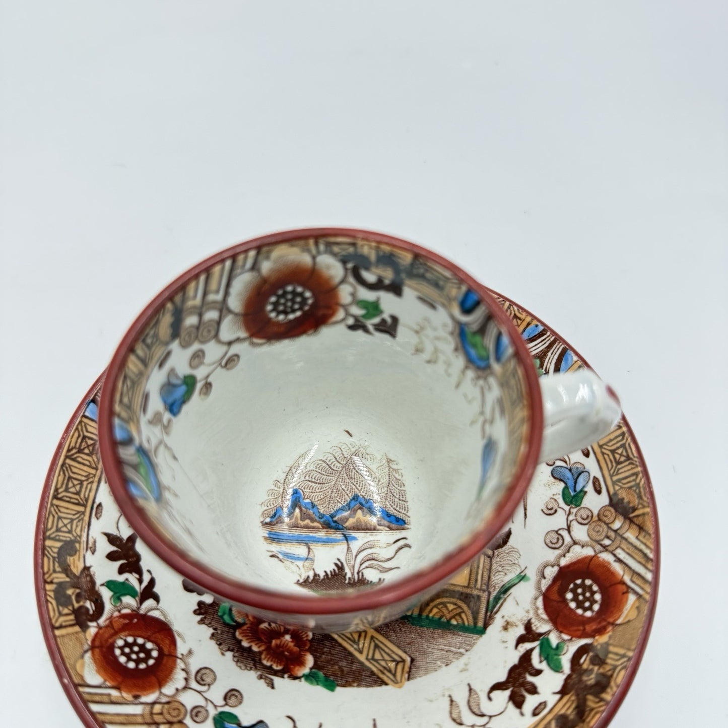 Antique 1875 Opaque de Sarreguemines Kyoto Demitasse Tea Cup & Saucer Set