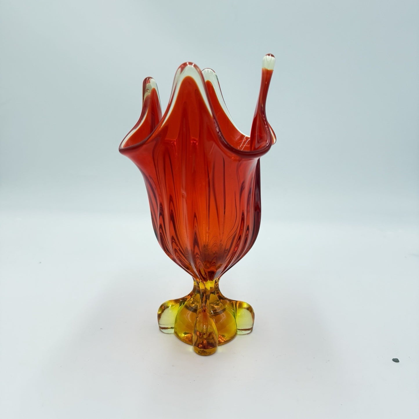 Viking art Glass EPIC Four Square Footed Swung Vase Persimmon Cadmium UV Glow