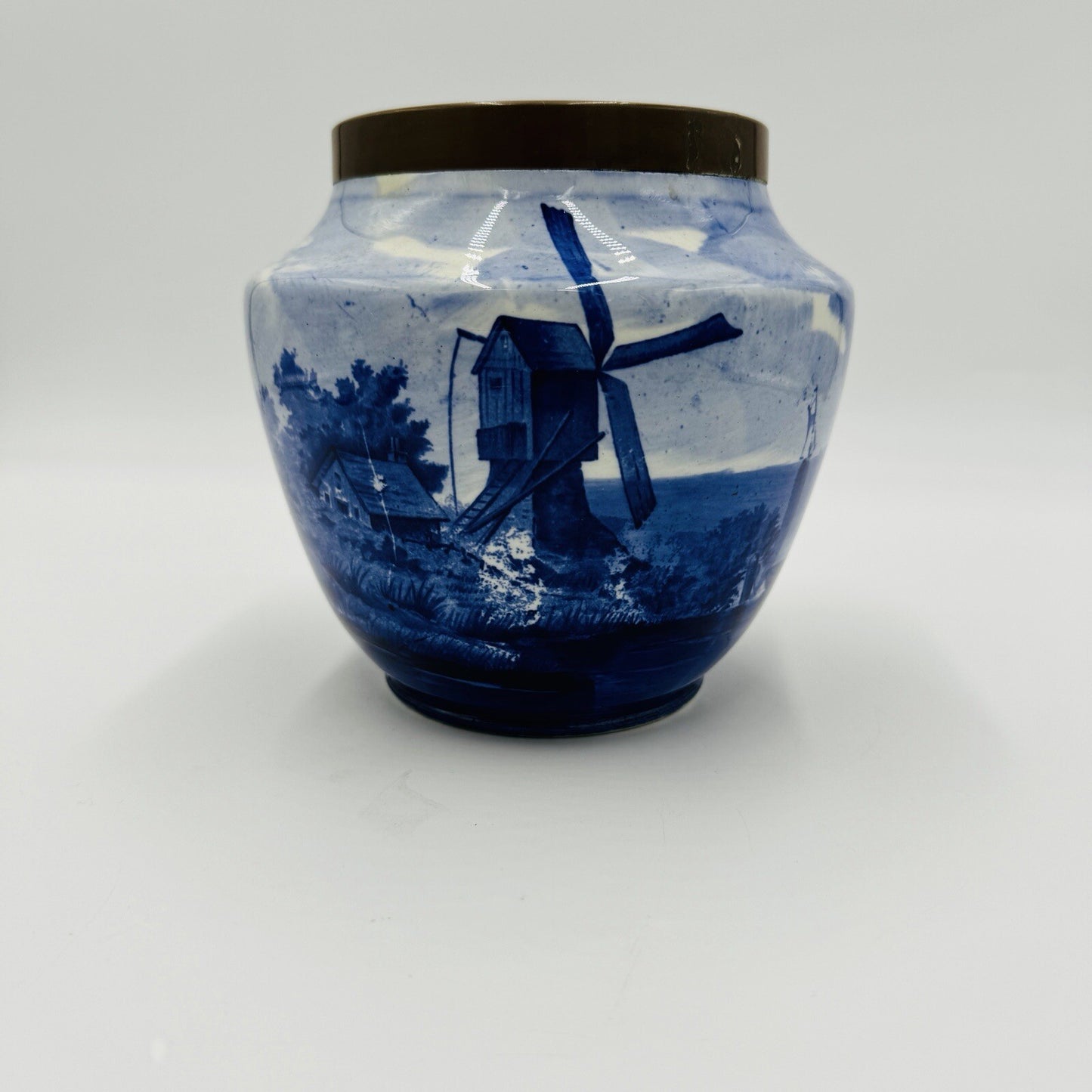 Rare Delft White & Blue Pottery Dutch Bronze Rim Nautical Antique Unmarked 6in H