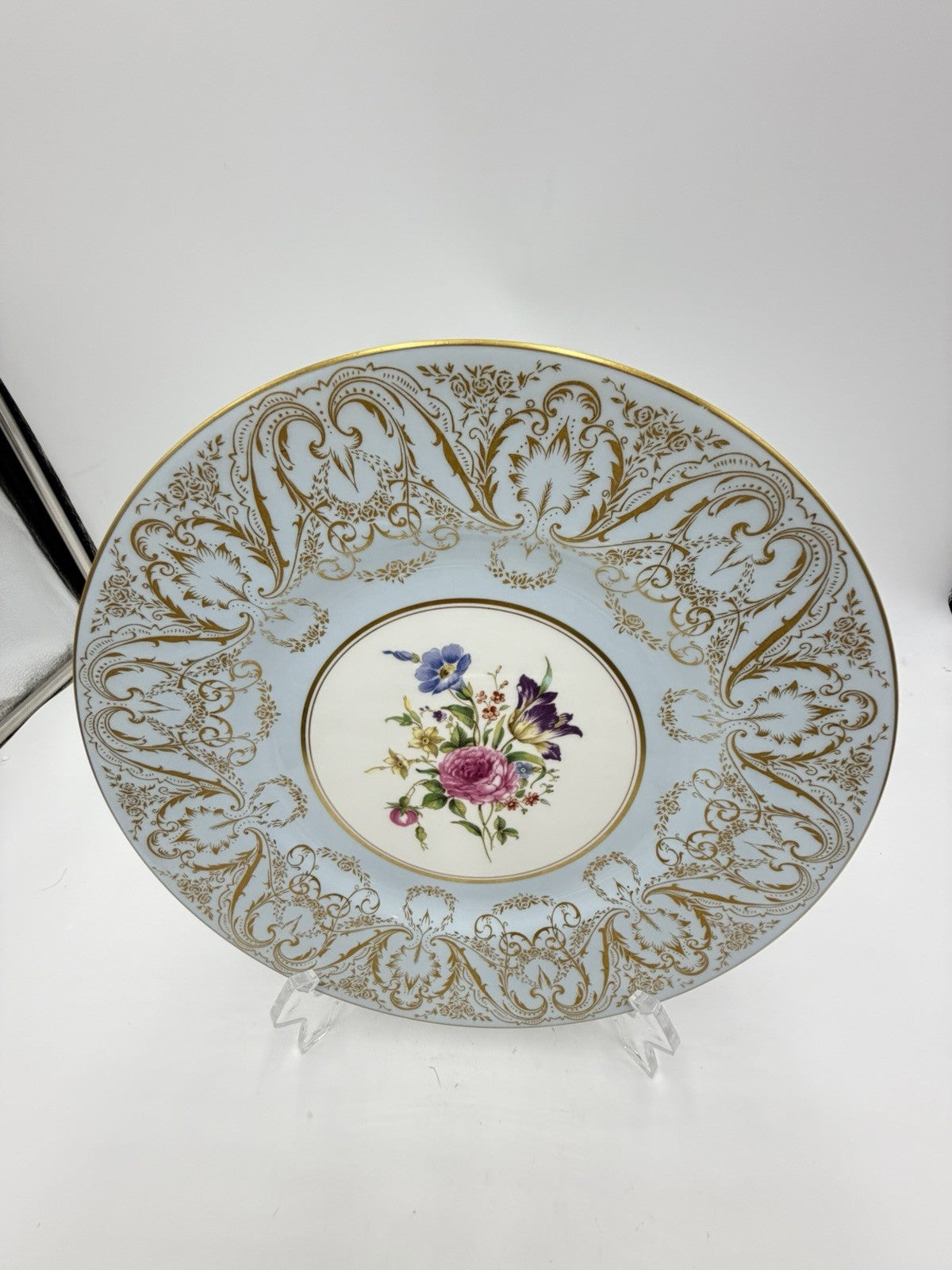 Royal Worcester England Embellished Floral Light Blue Gold Trim Dinner 10” Plate