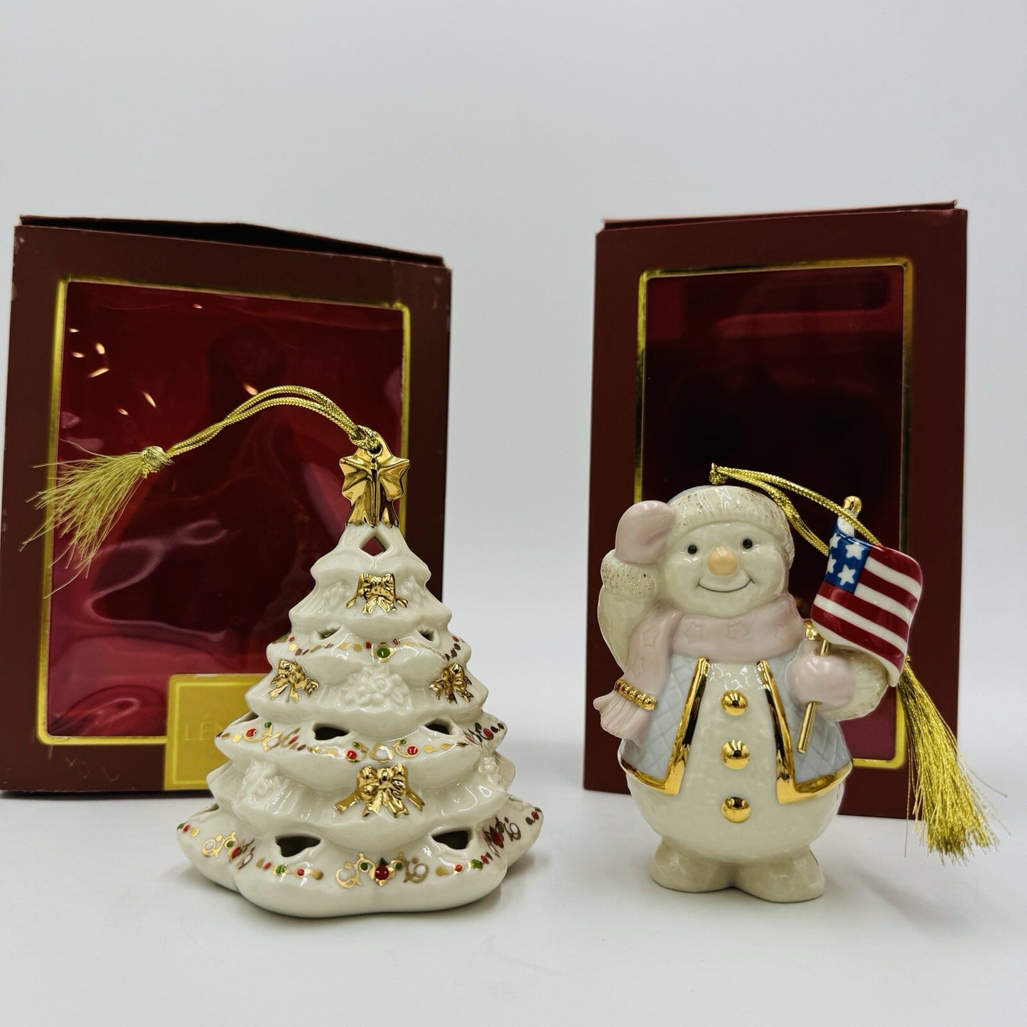 Lenox Porcelain Christmas Tree & USA Flag Snowman Ornaments