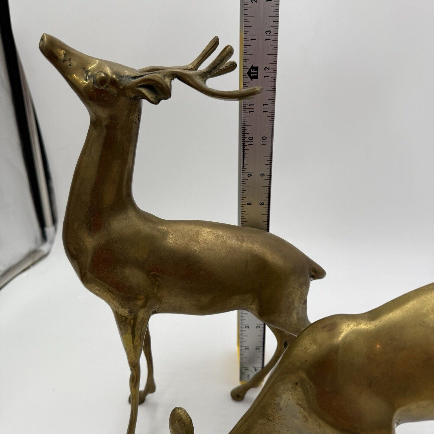 VINTAGE BRASS DEER Pair LARGE 13” Buck 9” DOE Mid Century Solid Retro Sculptures