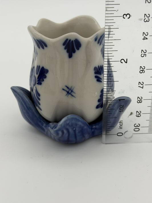 Delft Dutch White & Blue Art Pottery Tulip Flower Candle Stick