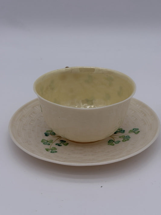 Belleek Ireland Porcelain 2ND GRN/1955 Shamrock Beige Saucer & Teacup Set