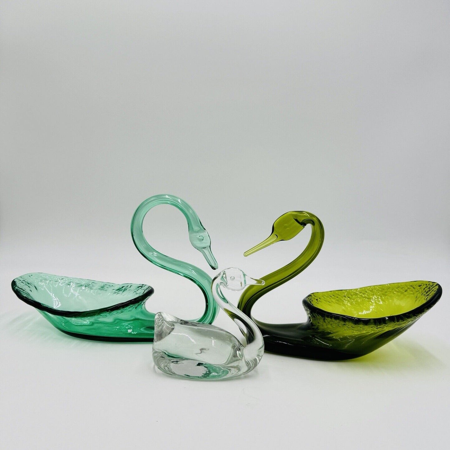 Viking Swan Figurines Art Glass Green Avocado Clear Vintage MCM Set 3 Pieces