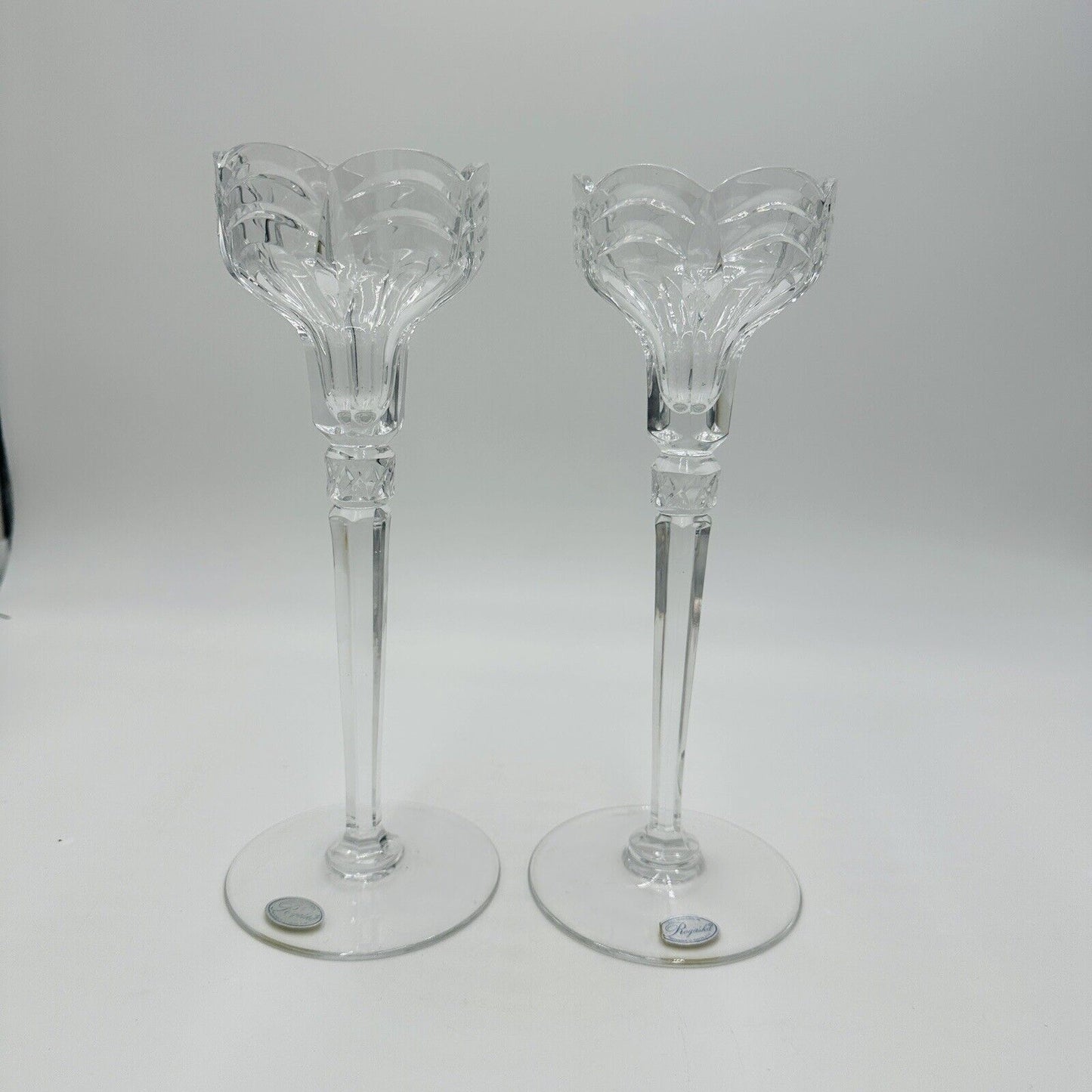 Rogaska Crystal Scalloped Wave Tall Candlestick Holders 10 1/2in Clear Vintage