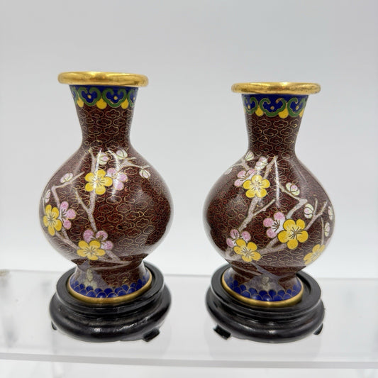 Vintage Cloisonne Enameled Cherry Blossom Brown Mini Vases Brass Chinese 4” Pair