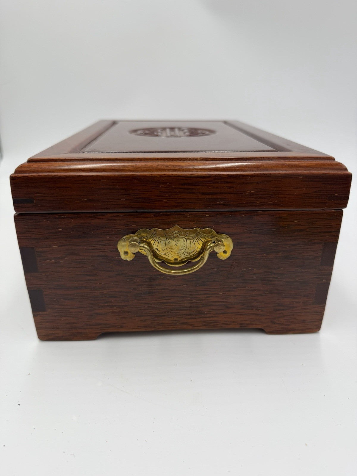 Vintage Chinese Jewelry Carved Rosewood Brass Accents Red Lining Jewelry Box