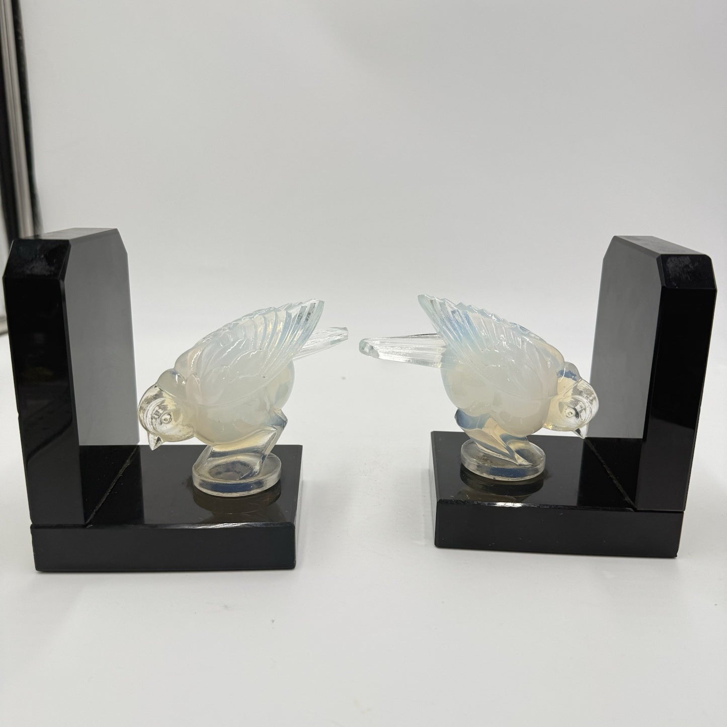Sabino France Opalescent Art Glass Moineau Gourmand Sparrow Bookends Marble Base