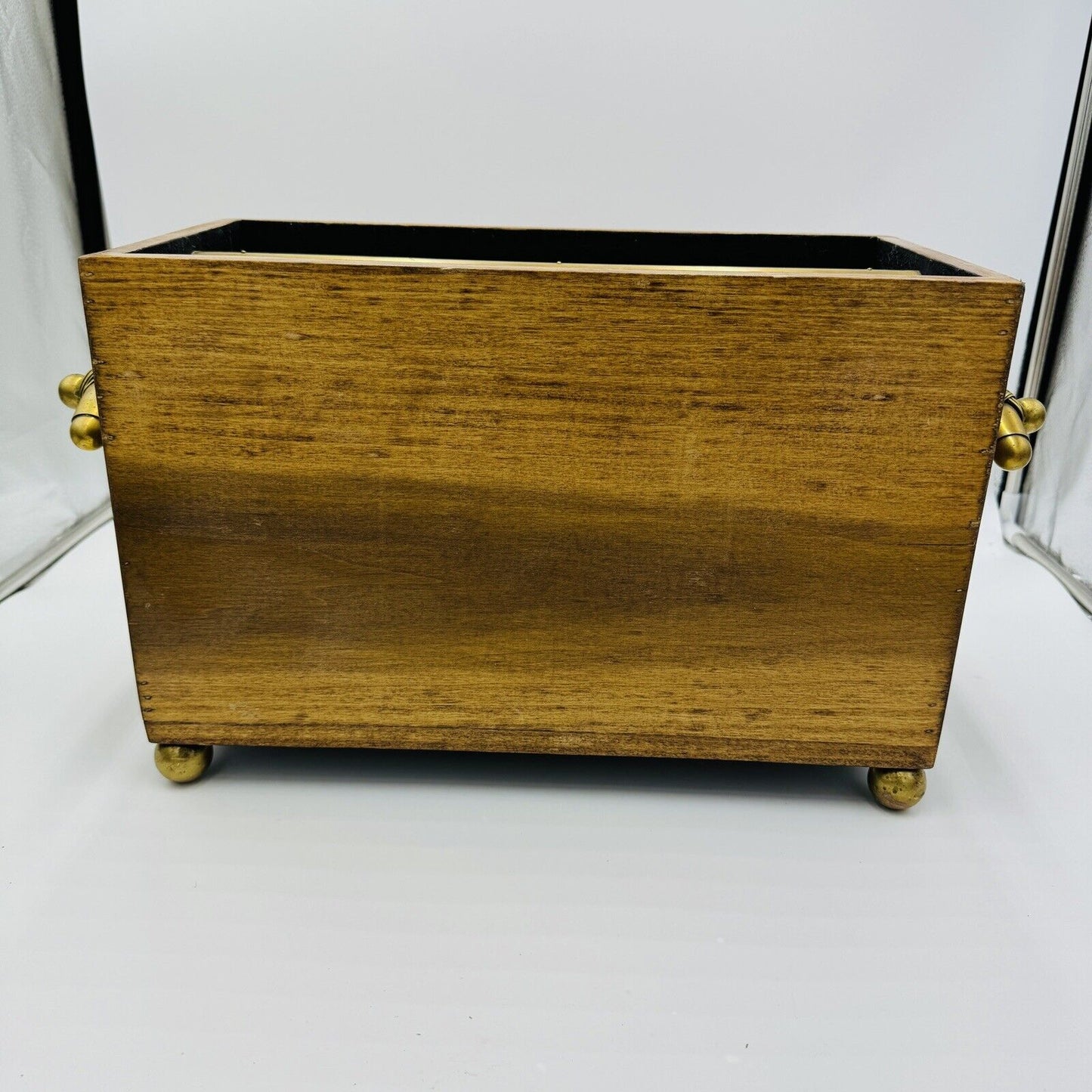 Magazine Holder Brass Handles Vintage Solid Wood Hollywood Regency Storage Decor