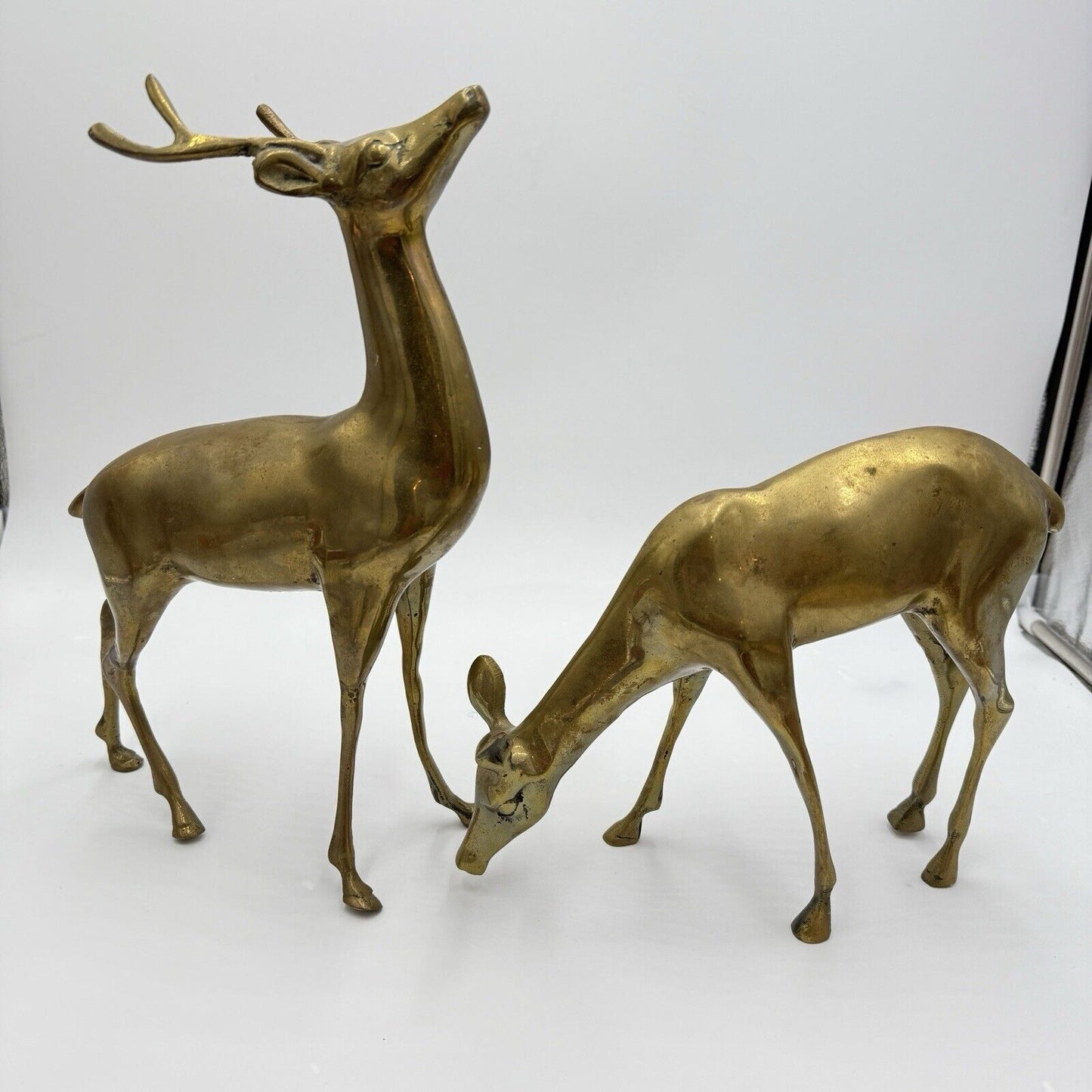 VINTAGE BRASS DEER Pair LARGE 13” Buck 9” DOE Mid Century Solid Retro Sculptures