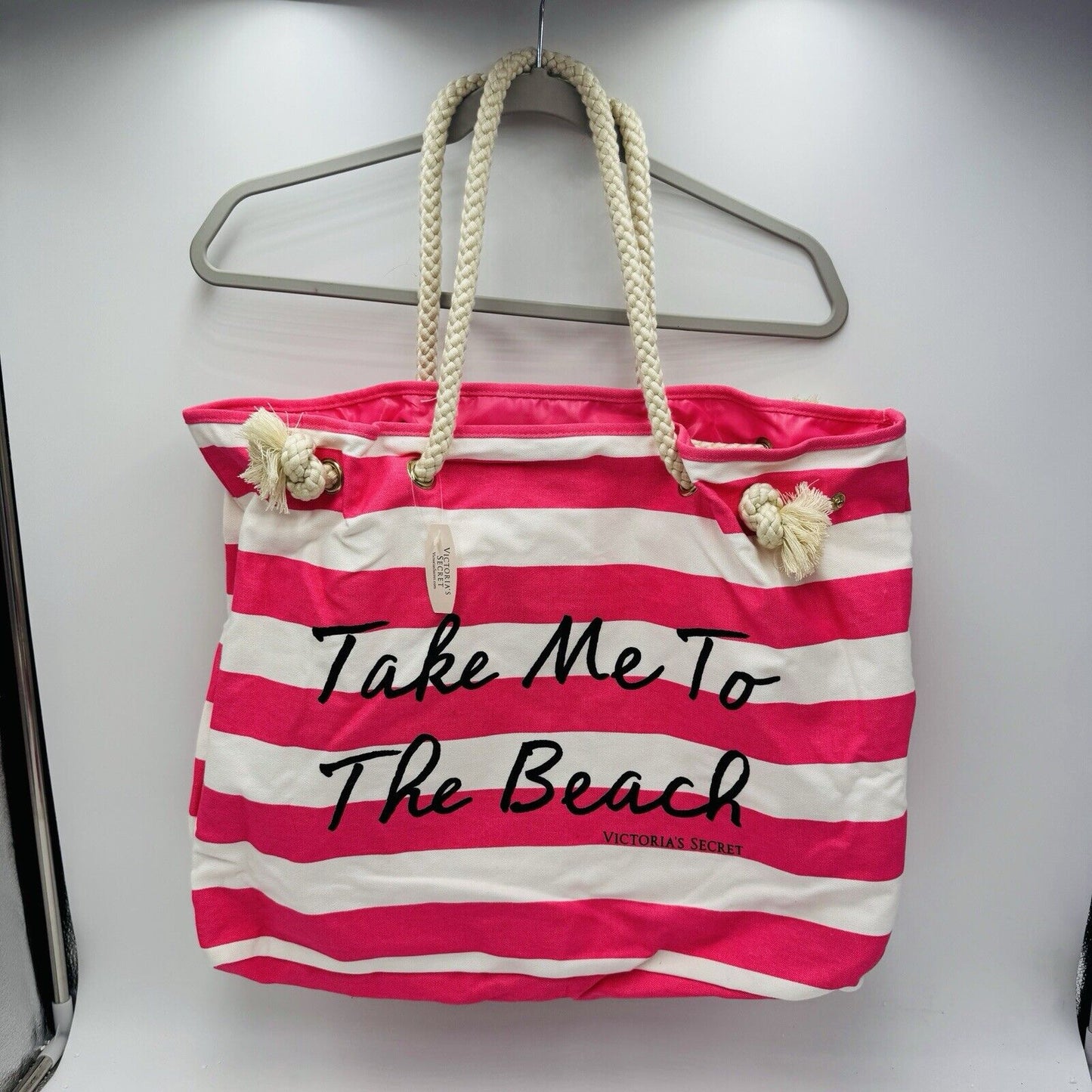 Victoria Secret’s Take Me To The Beach Canvas Striped Tote Bag Pink White New