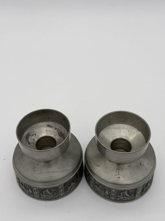 Selandia Norway Pewter Short Candlestick 1960’s Nautical Sailing Boat 2.5”H Pair