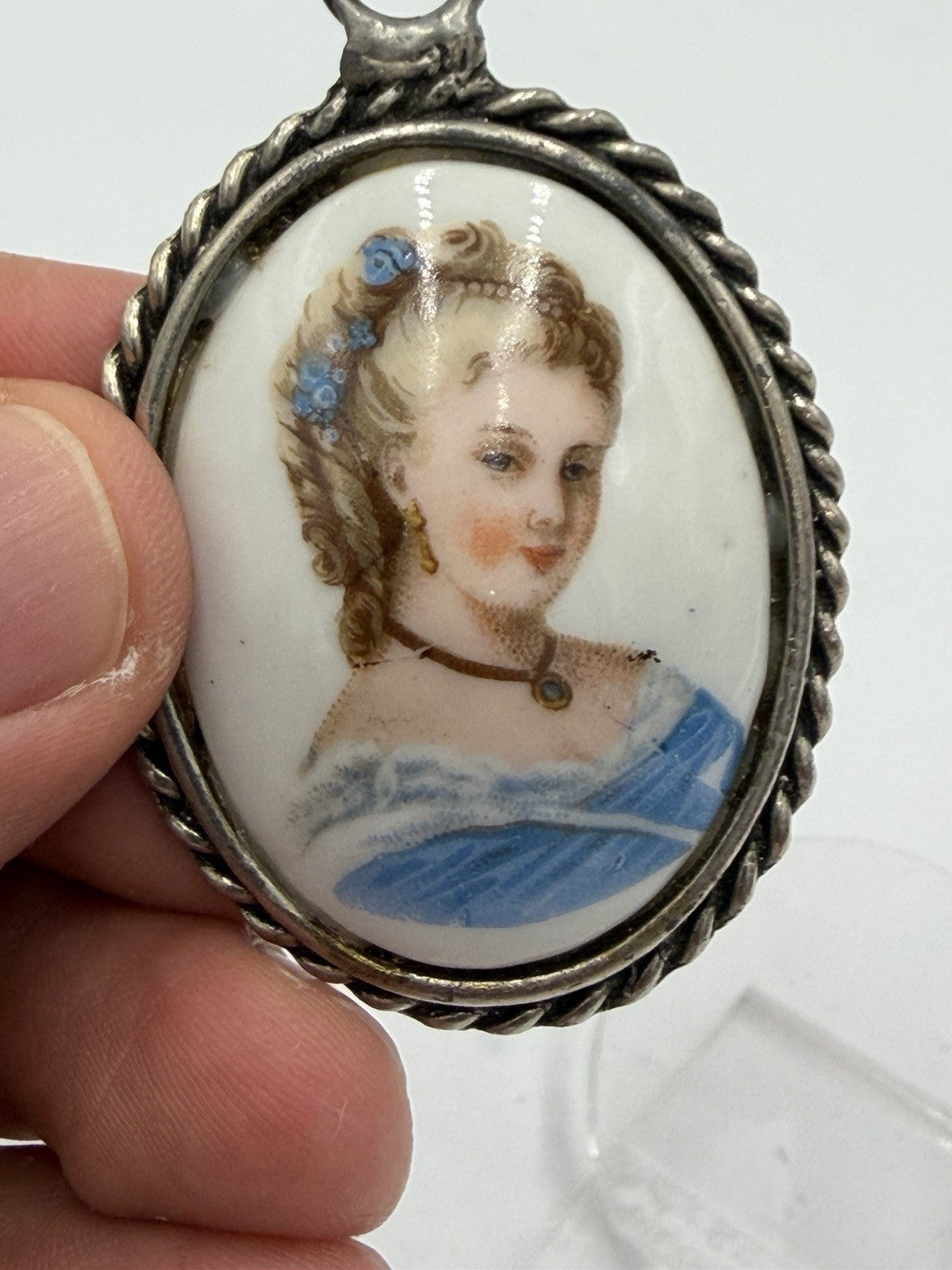 Limoges France Porcelain Portrait Oval Victorian Woman Pendant 2” Cameo