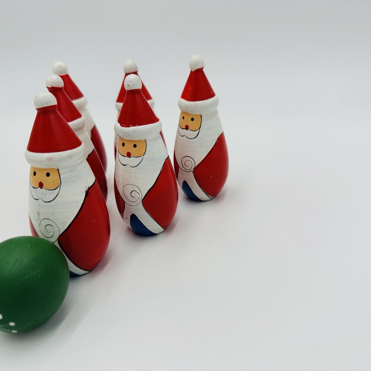 Bowling Pins Ball Santa Claus Wooden Christmas Decor Vintage Hand Painted Set