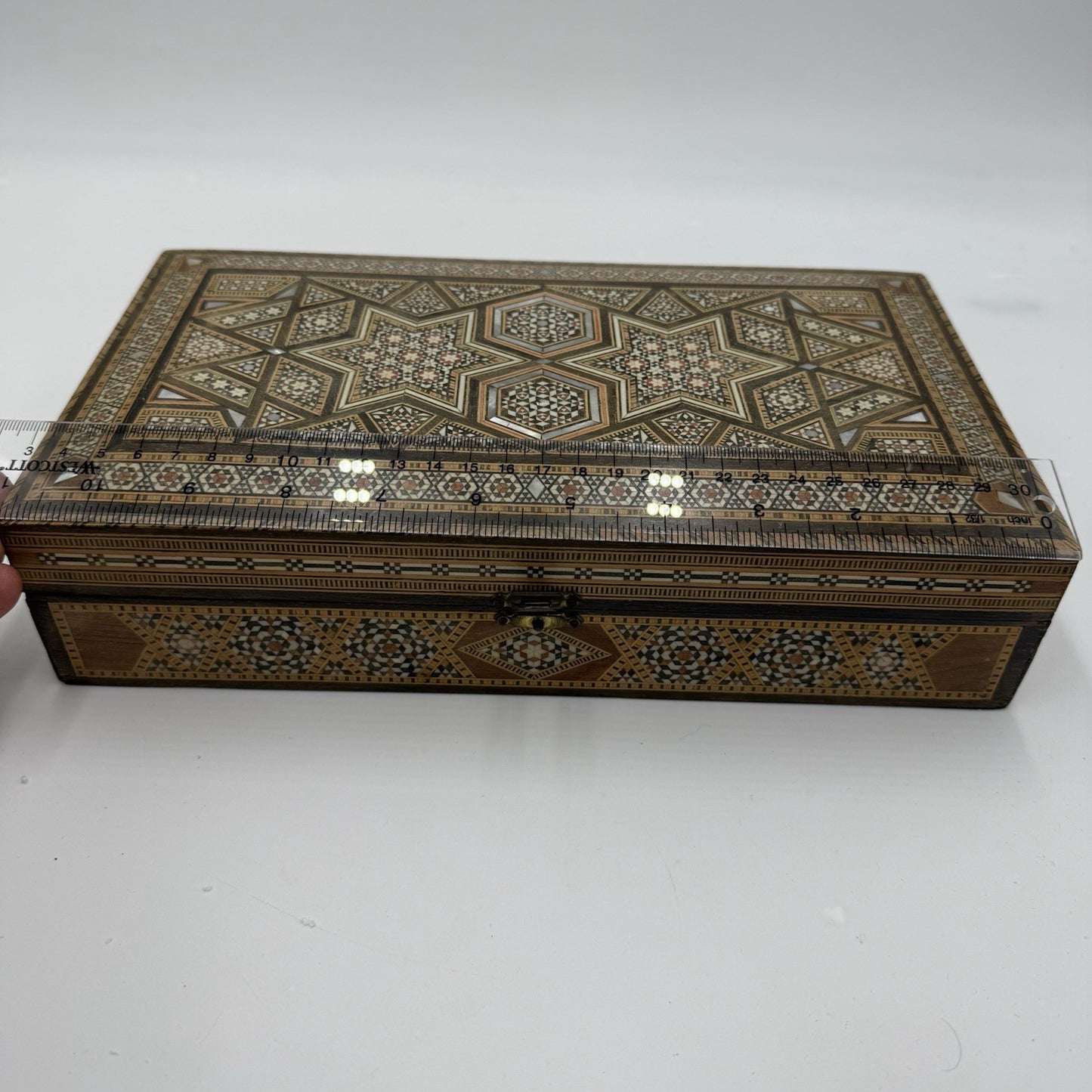 1950 Middle East Marquetry Mosaic Wood Inlaid Pearl Box Backgammon Inside
