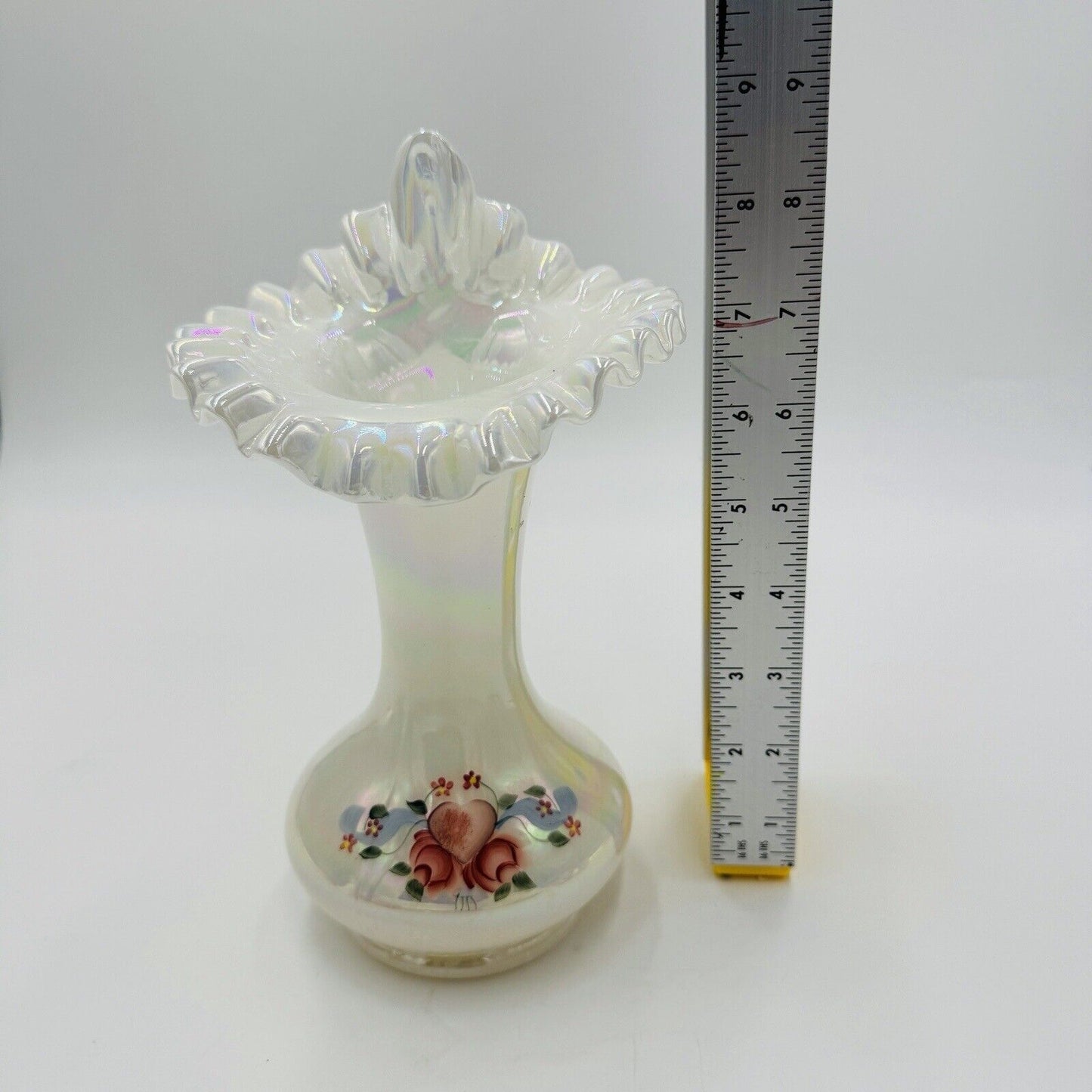 Fenton Art Glass Floral Iridescent Jack In The Pulpit Vase Handpainted Signed 9"
