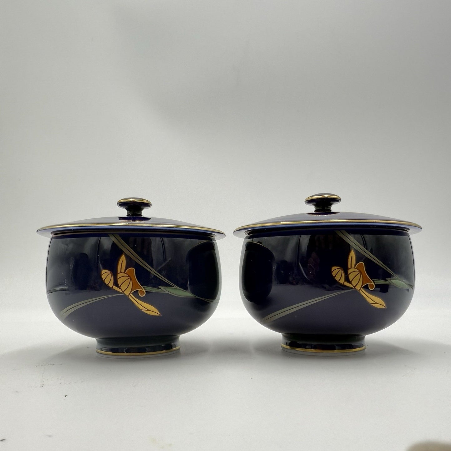 Arita Ware Retro Koransha Lapis Gold Tea Cups With Lid Blue Cobalt Porcelain