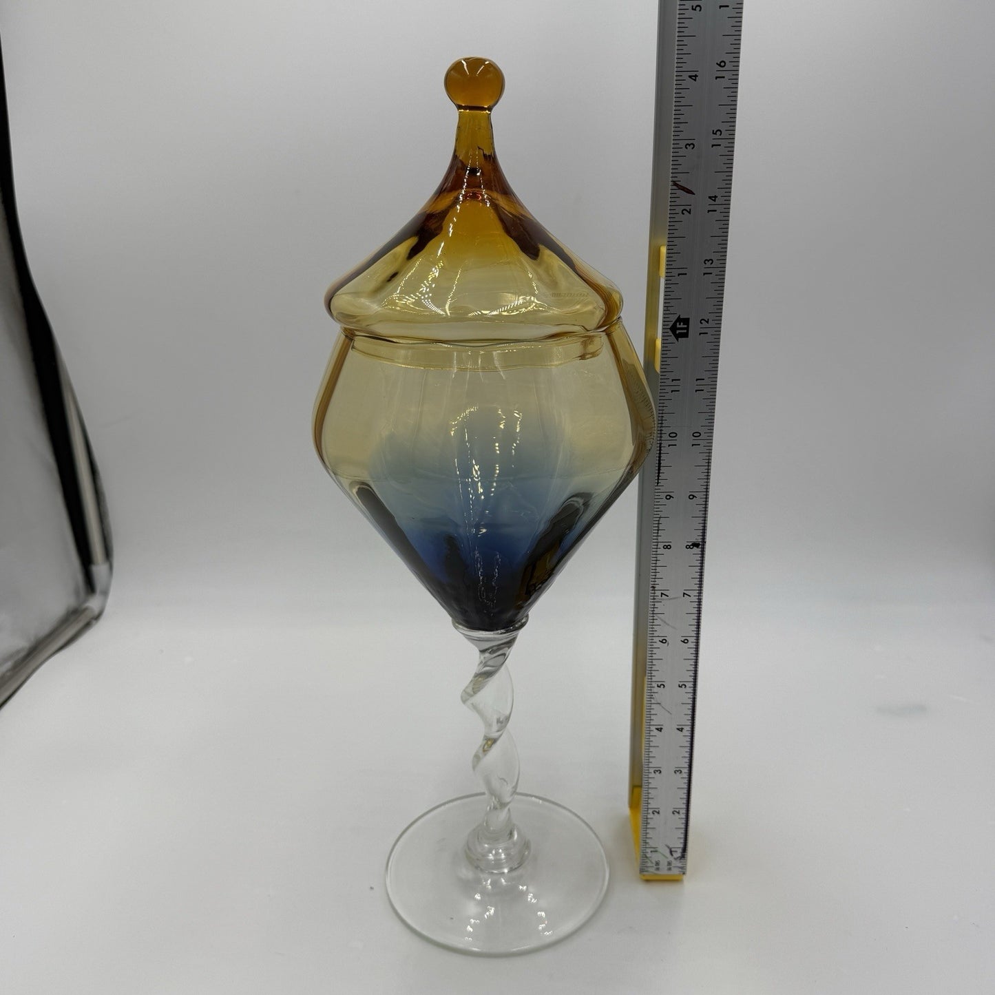 MCM Italian Empoli art Glass Apothecary Jar multicolor amber blue compote 16”