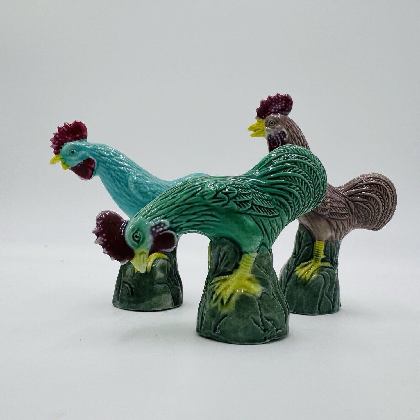 Rare Vintage Chinese Ceramic Roosters Miniature Set Export Figurines