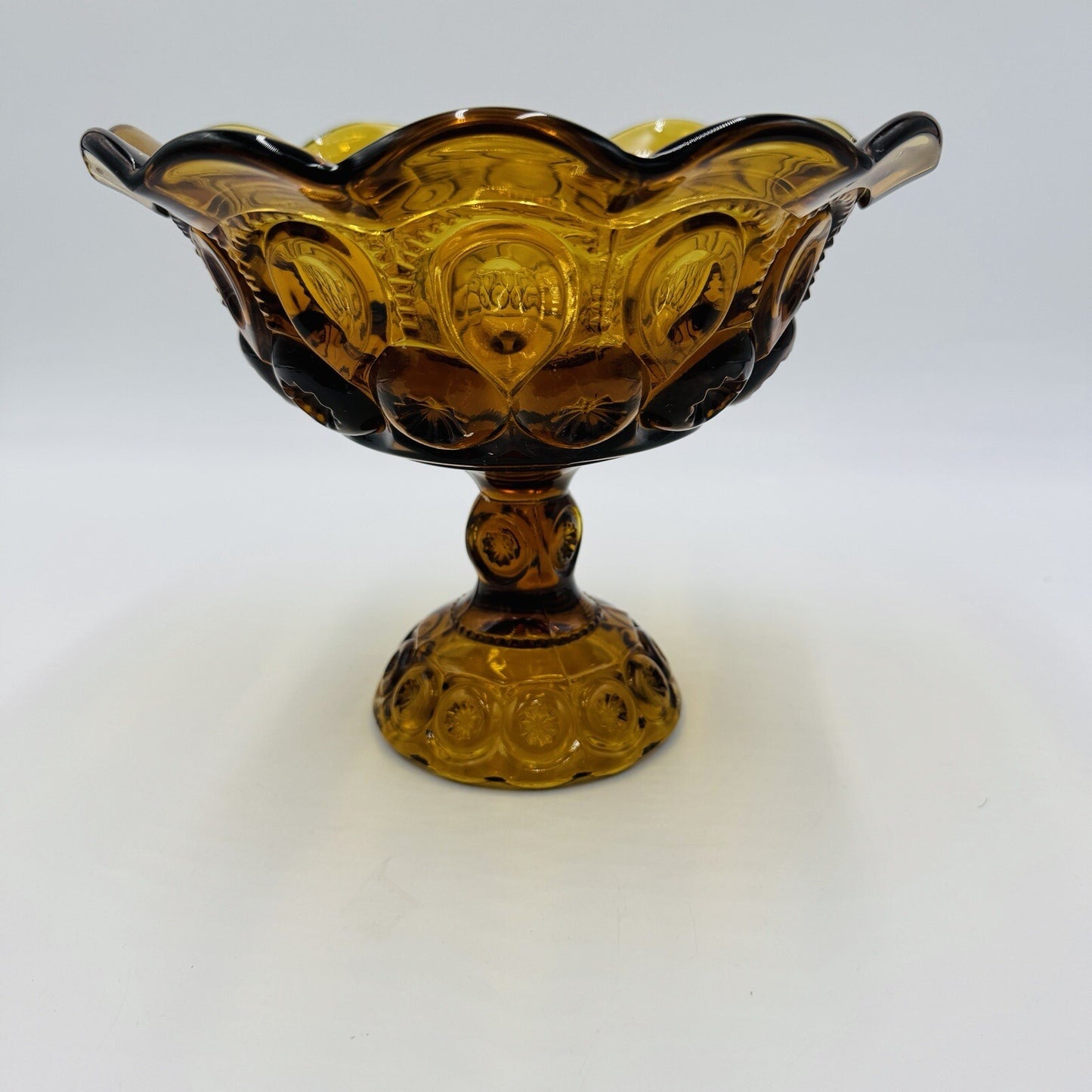 L.E. Smith Moon & Stars Amber Art Glass Pedestal Candy Bowl Dish 7in x 8in