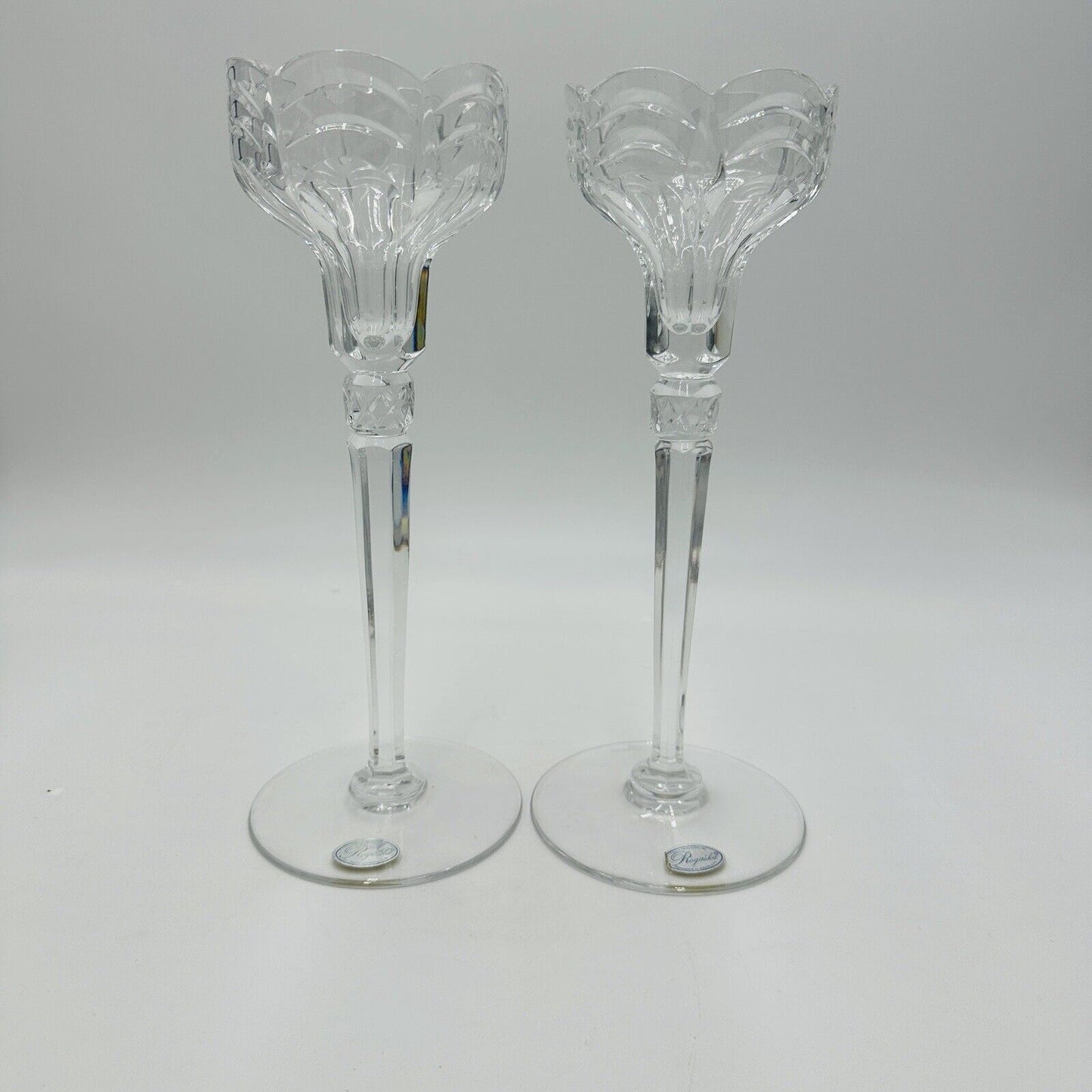 Rogaska Crystal Scalloped Wave Tall Candlestick Holders 10 1/2in Clear Vintage