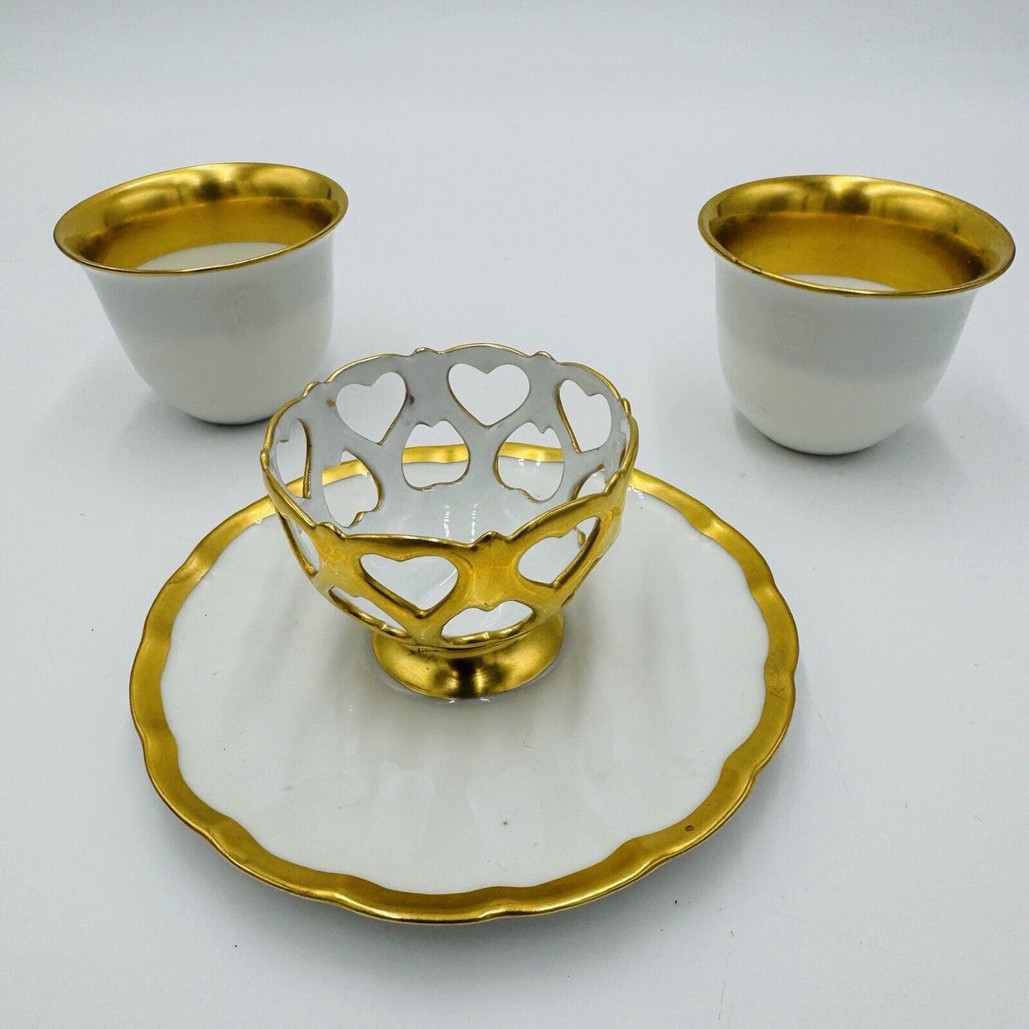 French Porcelain Gold Trim Egg Cups 3 Pieces Unmarked Rare Antique Serveware
