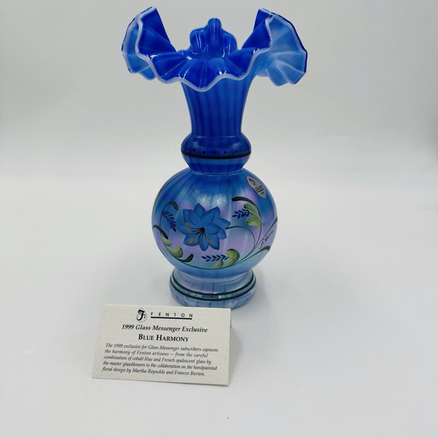 Fenton Art Glass 1999 Messenger Exclusive Blue Harmony Vase Signed Dan Fenton
