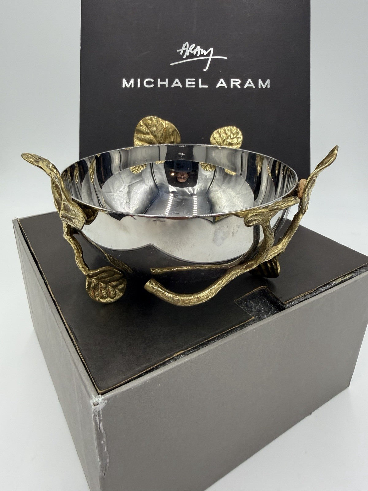 Michael Aram Botanical Lovebirds Ginkgo Branch Stainless Gold 3”x5” Nut Bowl
