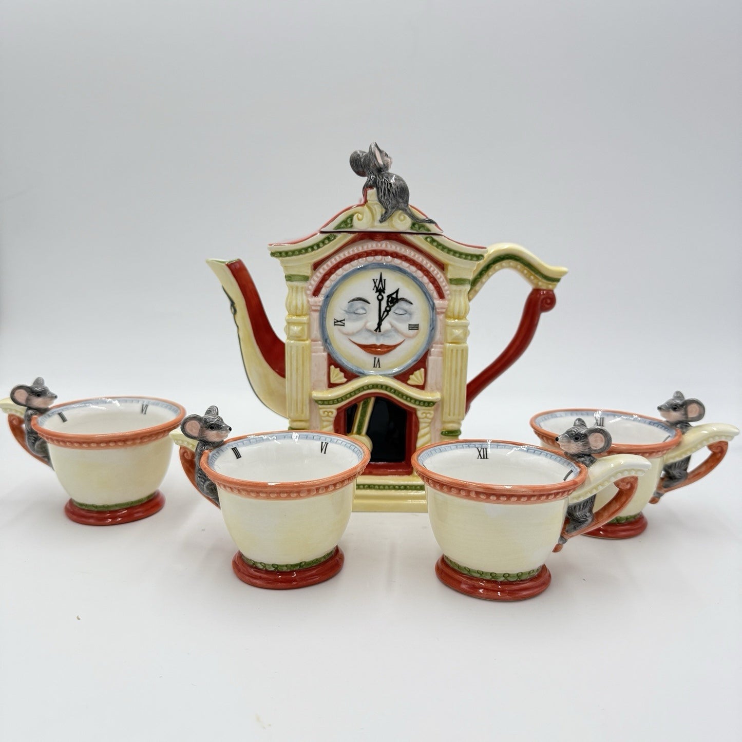 Dept 56 Storybook "Hickory Dickory Dock" Handpainted Ceramic Teapot & 4 Tea Cups