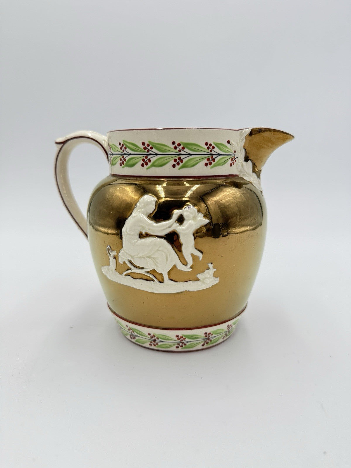Antique Wedgwood England Queens ware Embossed Copper Luster Jug Mother & Child
