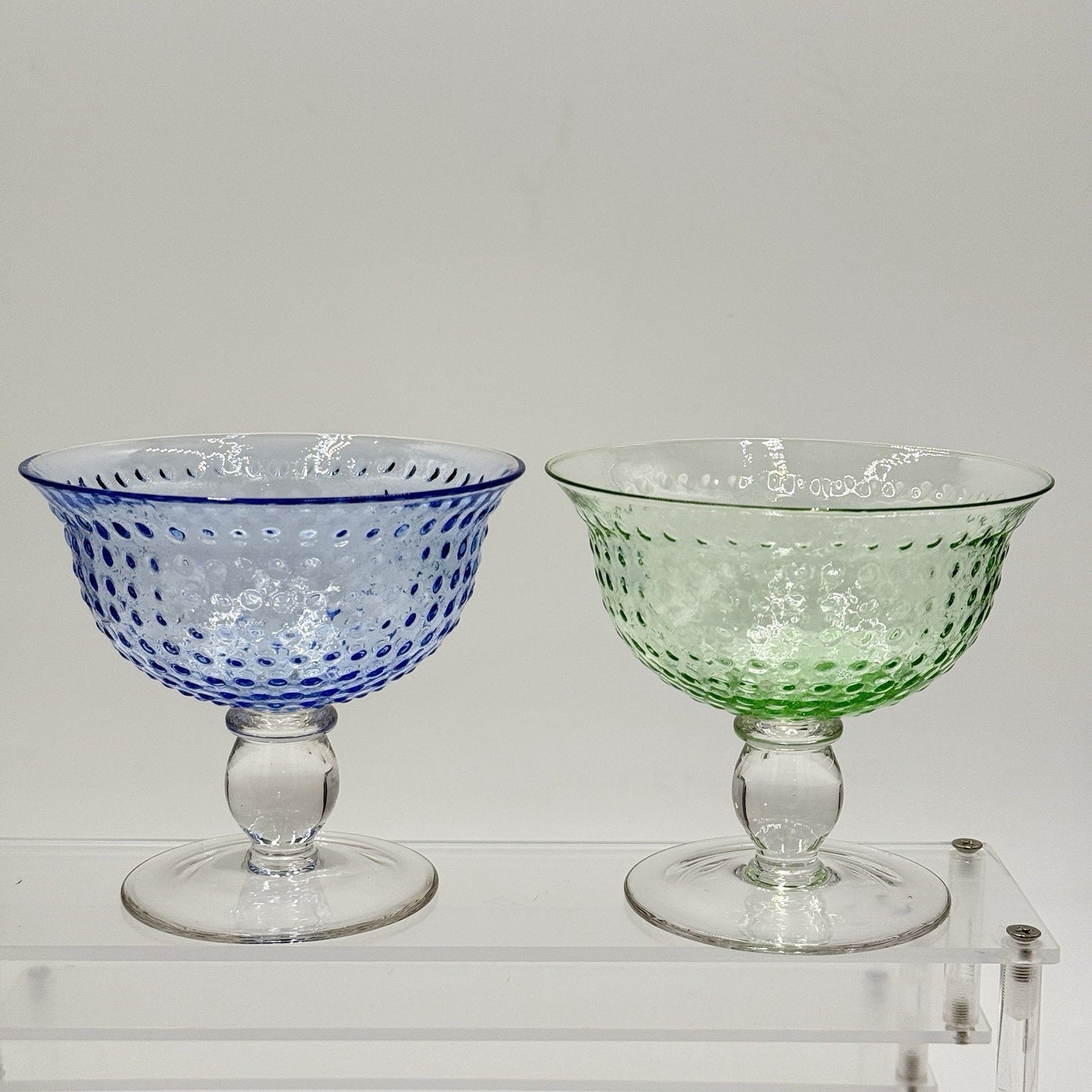 Vintage Hobnail Art Glass Blue Green Dessert Sherbet/Glasses Pair