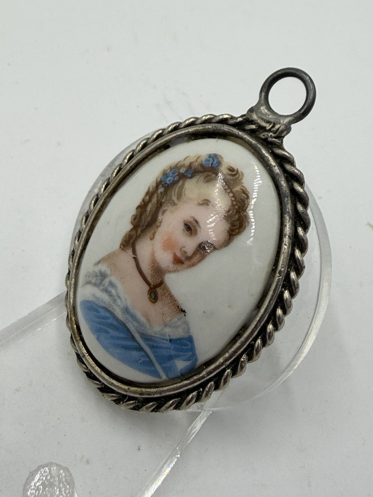 Limoges France Porcelain Portrait Oval Victorian Woman Pendant 2” Cameo