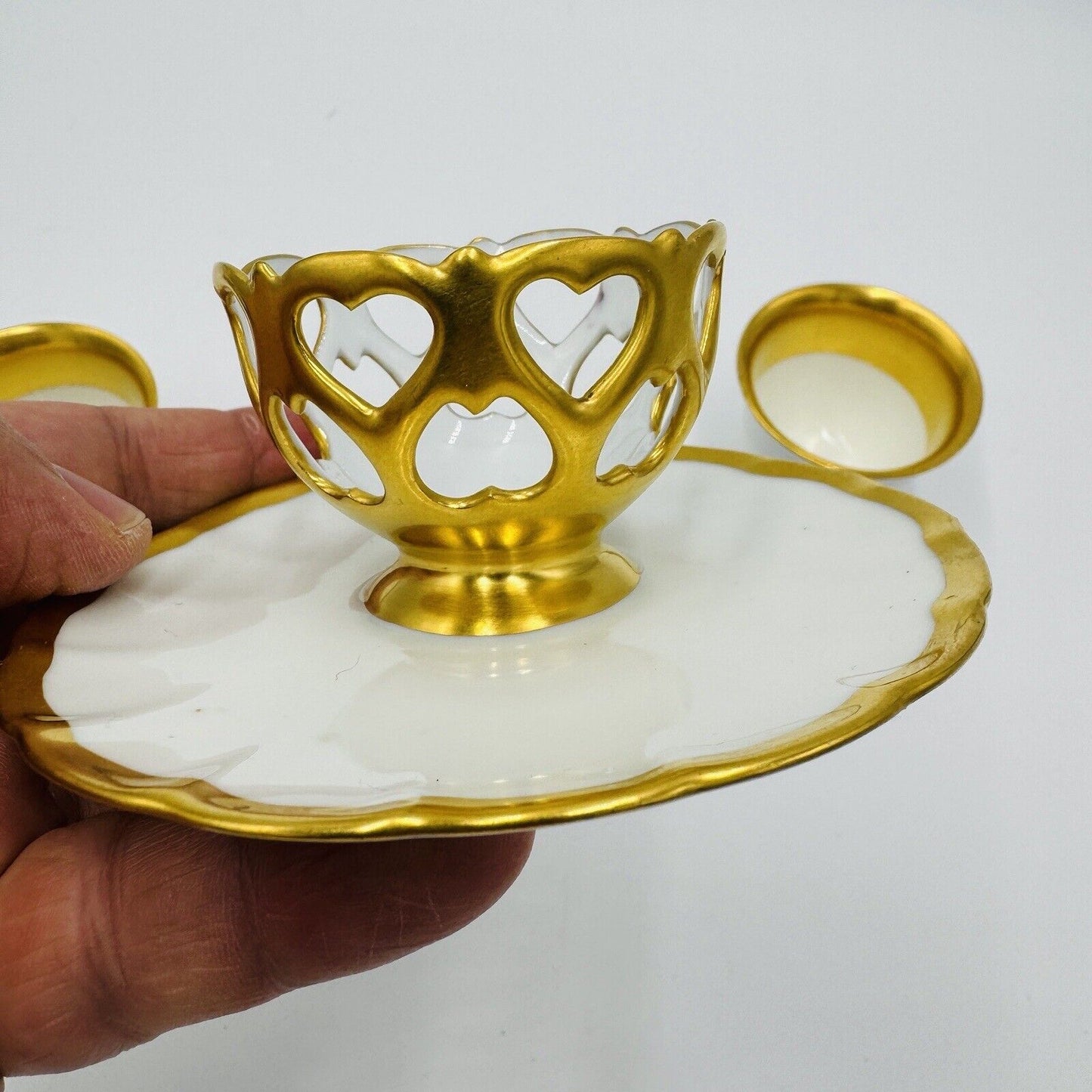 French Porcelain Gold Trim Egg Cups 3 Pieces Unmarked Rare Antique Serveware