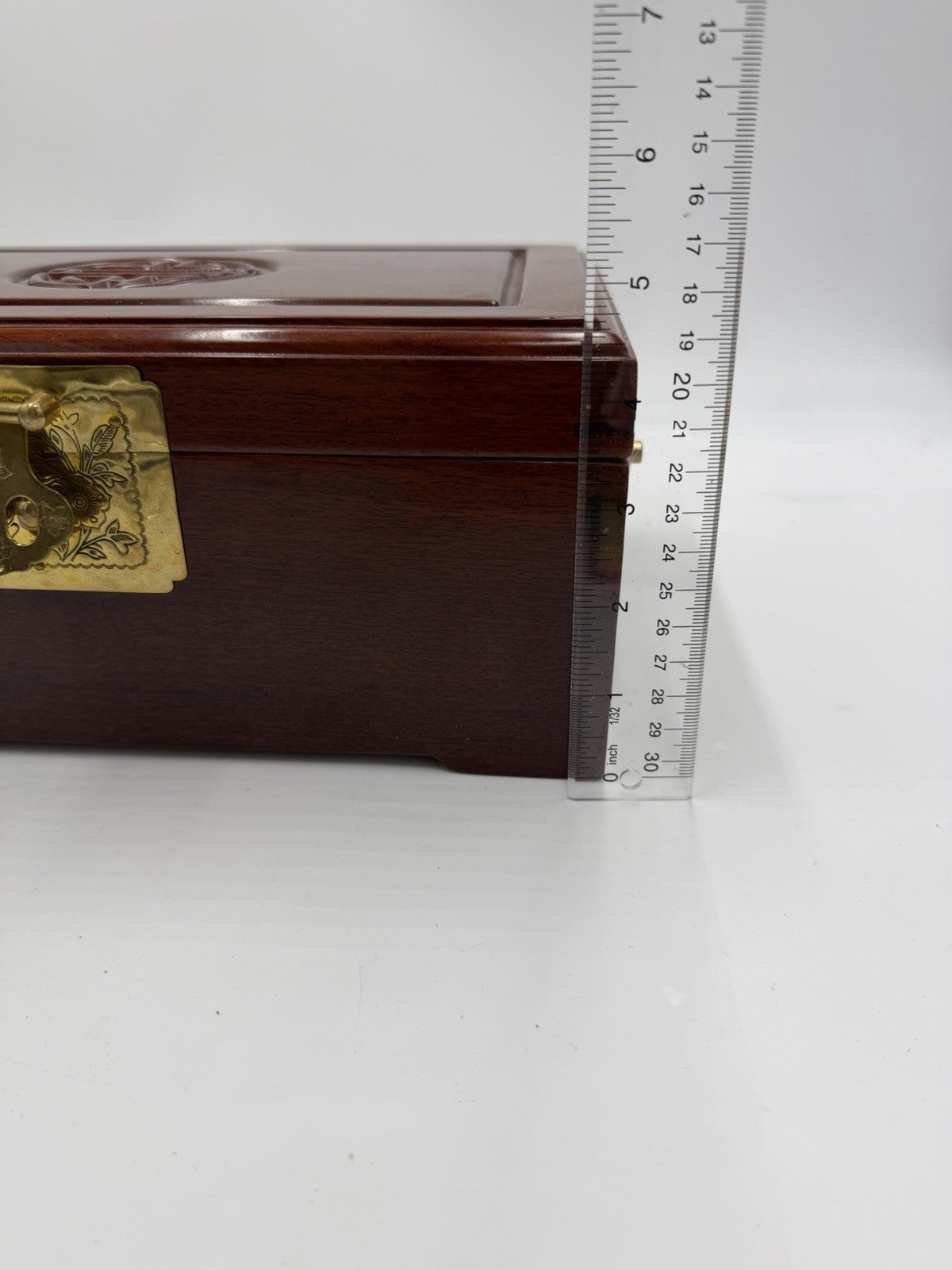 Vintage Chinese Jewelry Carved Rosewood Brass Accents Red Lining Jewelry Box