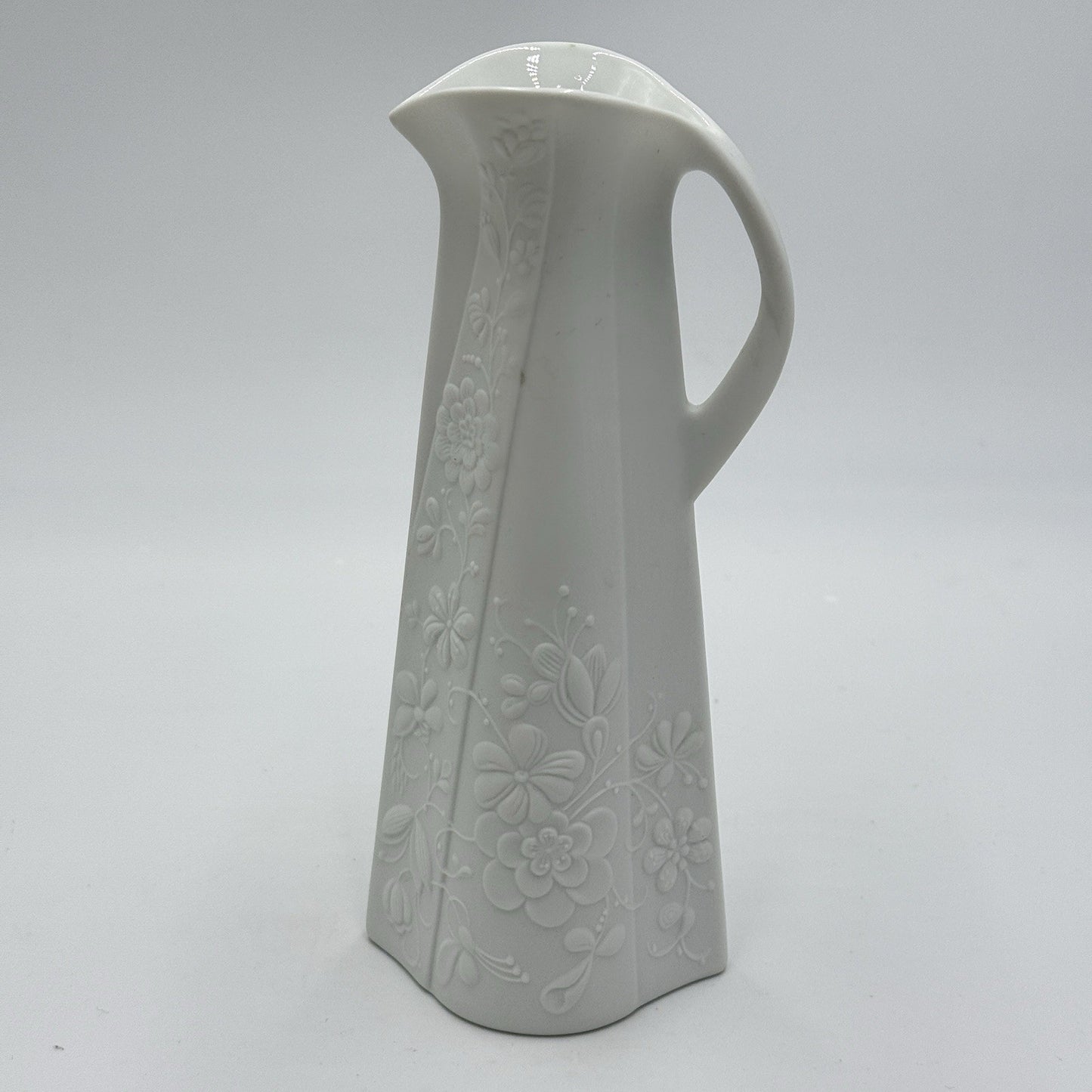 Kaiser Germany White Bisque Vase Embossed Floral Pitcher 8" By M.Fray Porcelain